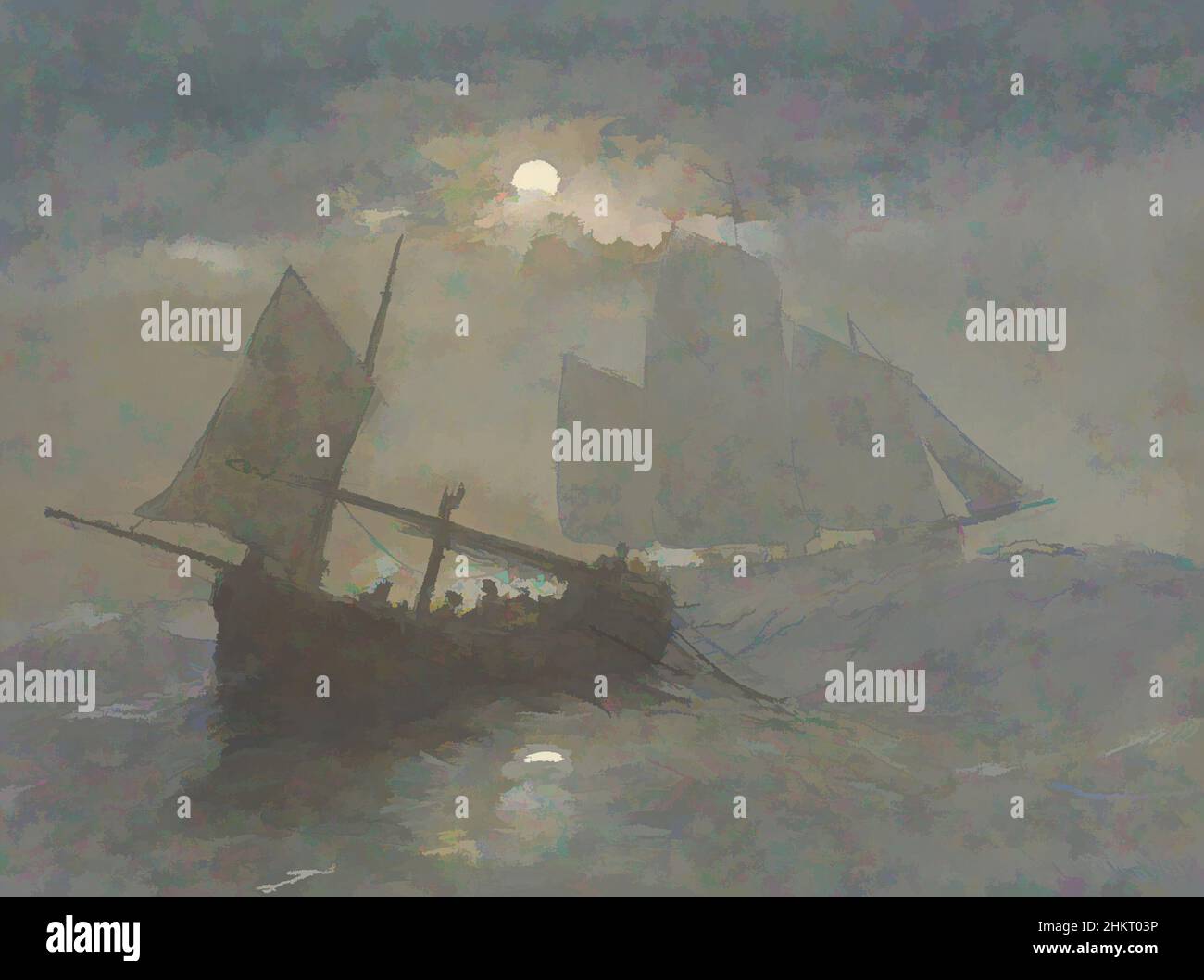 Art inspiré par les bateaux de pêche au clair de lune, George Henry Andrews, 1869, Angleterre, œuvres classiques modernisées par Artotop avec une touche de modernité. Formes, couleur et valeur, impact visuel accrocheur sur l'art émotions par la liberté d'œuvres d'art d'une manière contemporaine. Un message intemporel qui cherche une nouvelle direction créative. Artistes qui se tournent vers le support numérique et créent le NFT Artotop Banque D'Images