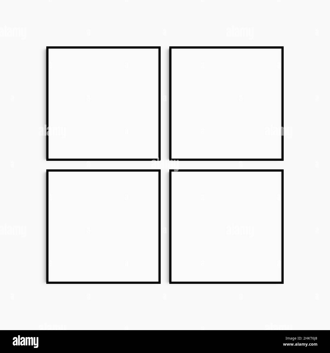 Maquette de cadre 1:1 carré.Jeu de quatre cadres carrés noirs fins.Maquette murale de galerie claire, moderne, minimaliste, lumineuse, jeu de 4 cadres. Banque D'Images