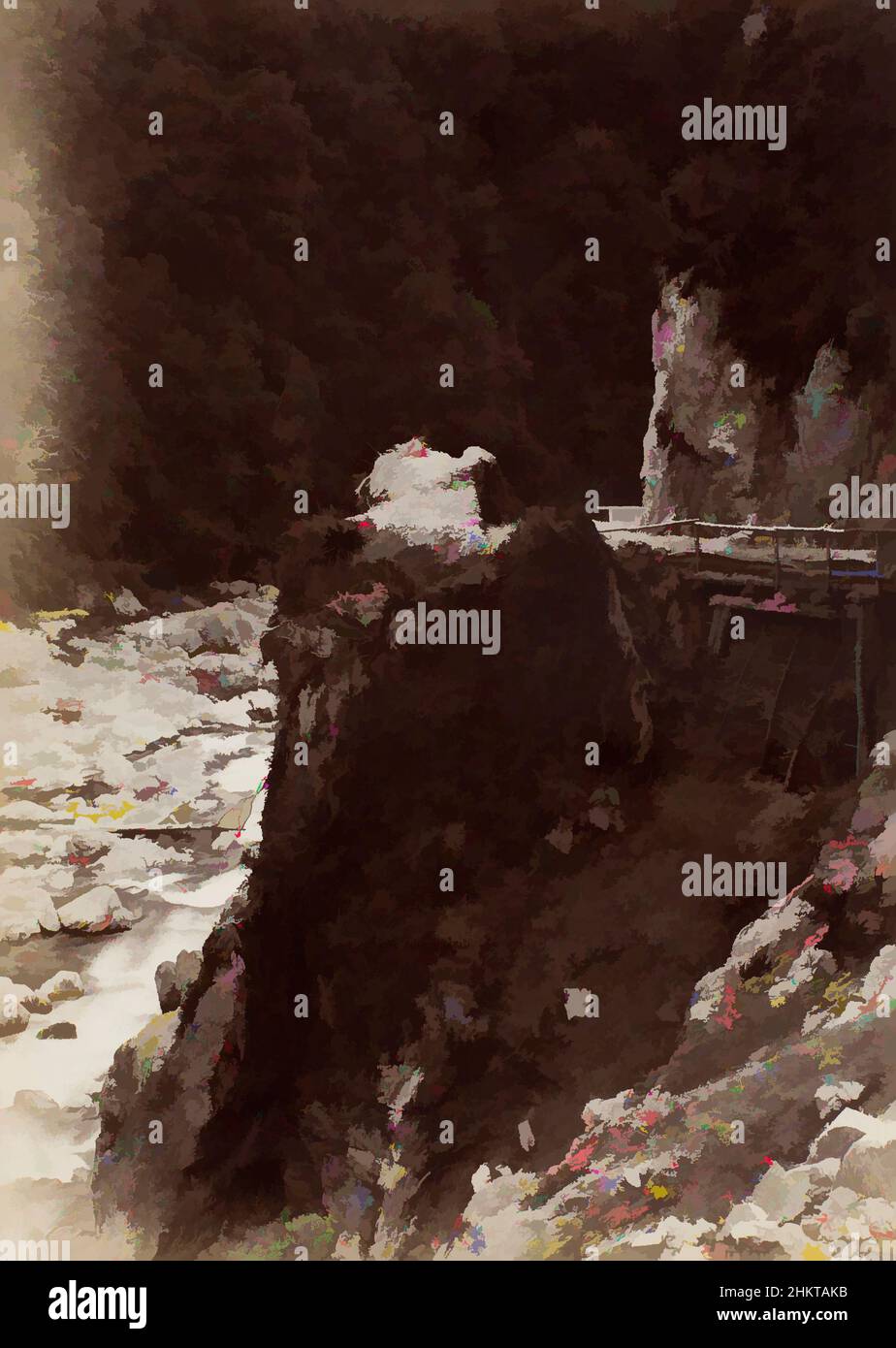 Art inspiré par Otira gorge, West Coast Road, studio Burton Brothers, studio de photographie, Nouvelle-Zélande, Photographie en noir et blanc, vue en regardant vers le bas une section du paysage de la gorge d'Otira. Les eaux de la rivière peuvent être vues le long de la face gauche de l'image, et une route construite peut être, les œuvres classiques modernisées par Artotop avec un peu de modernité. Formes, couleur et valeur, impact visuel accrocheur sur l'art émotions par la liberté d'œuvres d'art d'une manière contemporaine. Un message intemporel qui cherche une nouvelle direction créative. Artistes qui se tournent vers le support numérique et créent le NFT Artotop Banque D'Images