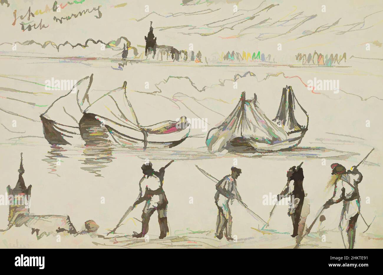 Art inspiré par le paysage avec la tour de l'église, les bateaux à rames et les hommes fauchant le foin, les œuvres classiques modernisées par Artotop avec un peu de modernité. Formes, couleur et valeur, impact visuel accrocheur sur l'art émotions par la liberté d'œuvres d'art d'une manière contemporaine. Un message intemporel qui cherche une nouvelle direction créative. Artistes qui se tournent vers le support numérique et créent le NFT Artotop Banque D'Images