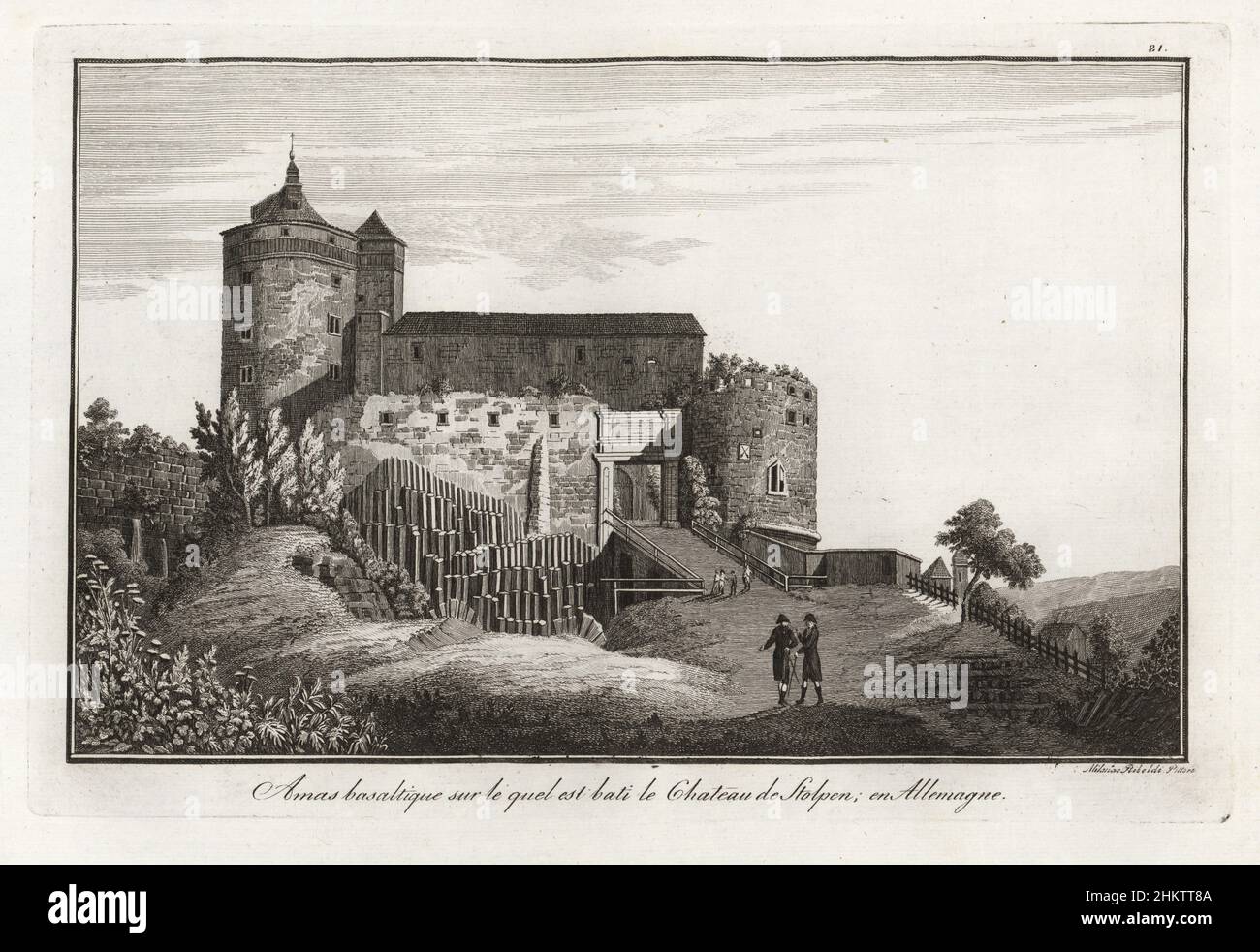 Château de Stolpen, Saxe, Allemagne, forteresse de 13th siècles construite sur une masse de basalte sur une couche de granit.L'AMAS basaltique sur lequel est le Château de Stollpen en Allemagne.Gravure sur plaque de coperplate par le peintre milanais Gaetano Riboldi de Scipion Breislak’s Traite sur la structure exposition du Globe, Treatise on the Exterior structure of the Globe, Jean-Pierre Giegler, Milan, 1822. Banque D'Images