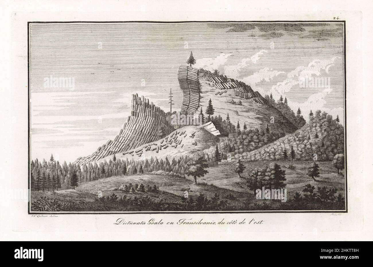 Montagne de colonnes de basalte hexagonales à Detunata Goala, comté d'Alba, Transylvanie (Roumanie).Après I. F. Lochner.Dictunata Goala en Transilvanie du côte de l'est.Gravure sur plaque de coperplate par le peintre milanais Gaetano Riboldi de Scipion Breislak’s Traite sur la structure exposition du Globe, Treatise on the Exterior structure of the Globe, Jean-Pierre Giegler, Milan, 1822. Banque D'Images