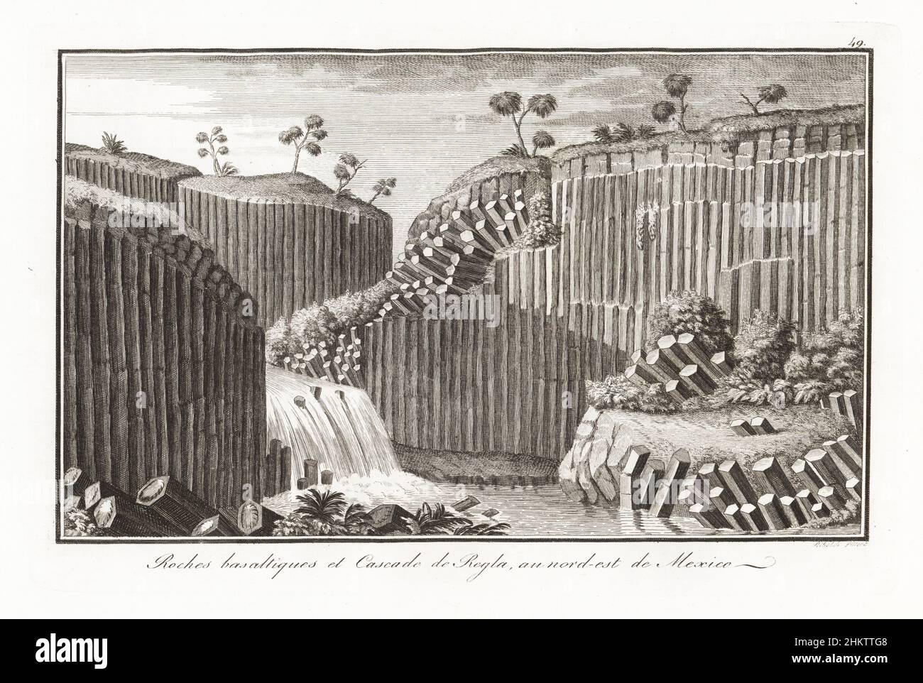 Cascade entre les roches de basalte en colonnes à Regla, entre Mineral de Monte et les eaux thermales de Tintileo, au nord-est de Mexico.Roches basaltiques et Cascade de Regla, au nord-est de Mexico.Gravure sur plaque de coperplate par le peintre milanais Gaetano Riboldi après une esquisse par Alexander Humboldt rom Scipion Breislak’s Traite sur la structure exposition du Globe, Treatise on the Exterior structure of the Globe, Jean-Pierre Giegler, Milan, 1822. Banque D'Images