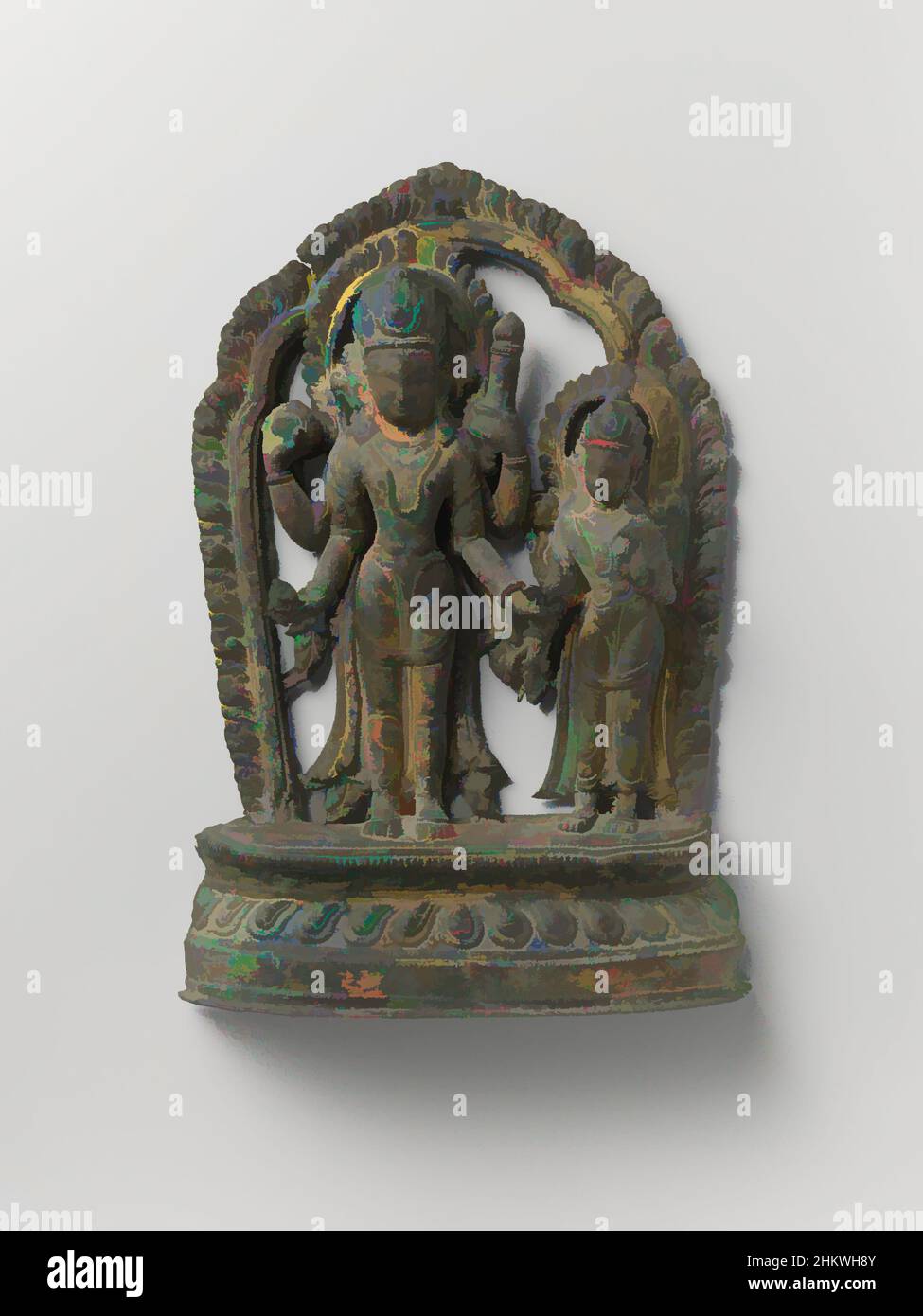 Art inspiré par image du couple de dieu Vishnu et Shri, image du couple de dieu Vishnu et Shri. Entourés d'un halo, les deux divinités se trouvent sur une base de lotus. Vishnu a quatre bras avec un disque de projection et une coquille de conch dans ses mains droites et un club et lotus dans sa gauche. La déesse a, oeuvres classiques modernisées par Artotop avec un peu de modernité. Formes, couleur et valeur, impact visuel accrocheur sur l'art émotions par la liberté d'œuvres d'art d'une manière contemporaine. Un message intemporel qui cherche une nouvelle direction créative. Artistes qui se tournent vers le support numérique et créent le NFT Artotop Banque D'Images