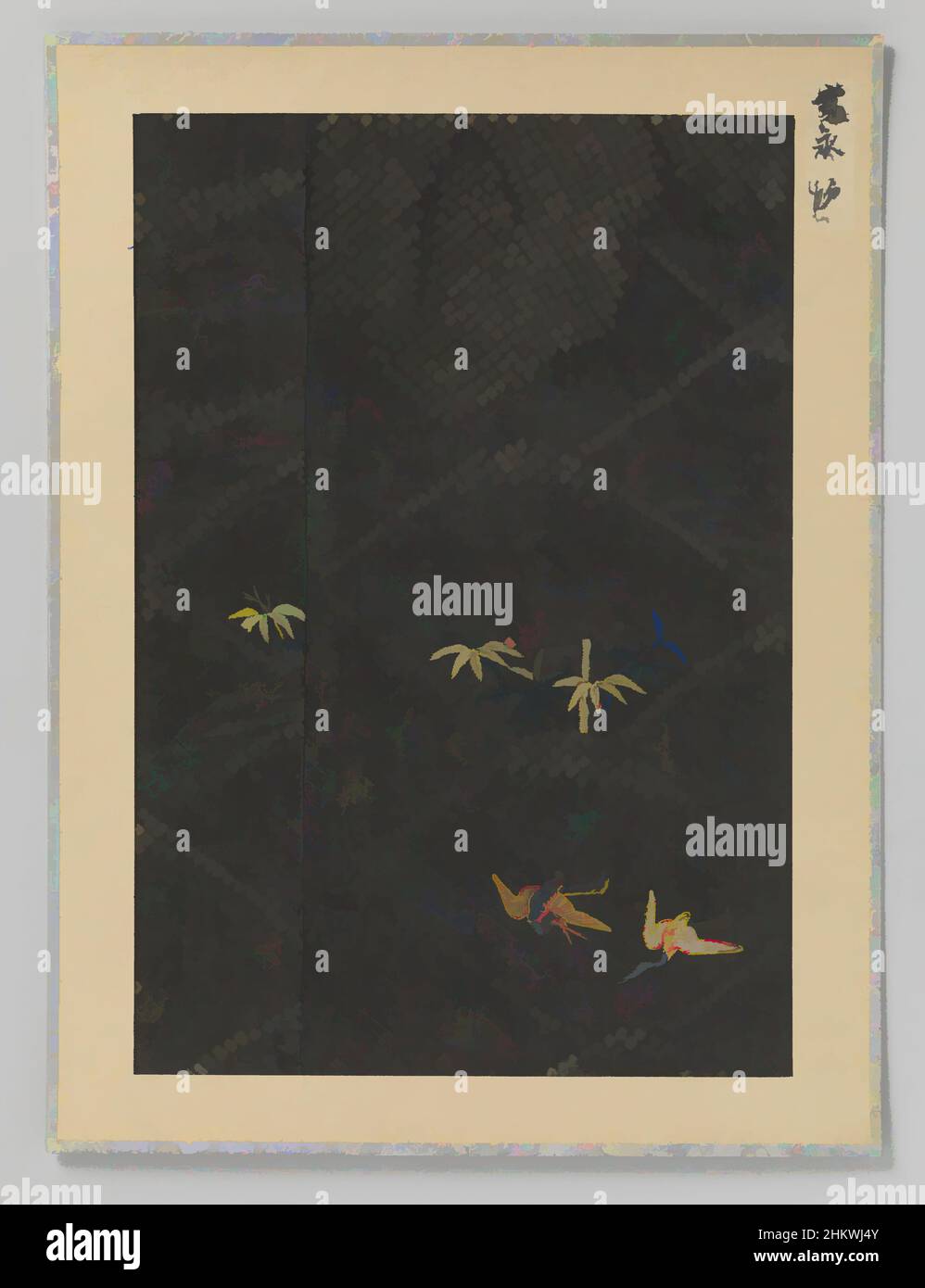 Art inspiré par textile fragment, textile fragment, motifs géométriques et broderie sur soie noire Damas., Japon, 1624 - 1643, soie, hauteur 29,4 cm × largeur 20 cm, œuvres classiques modernisées par Artotop avec une touche de modernité. Formes, couleur et valeur, impact visuel accrocheur sur l'art émotions par la liberté d'œuvres d'art d'une manière contemporaine. Un message intemporel qui cherche une nouvelle direction créative. Artistes qui se tournent vers le support numérique et créent le NFT Artotop Banque D'Images