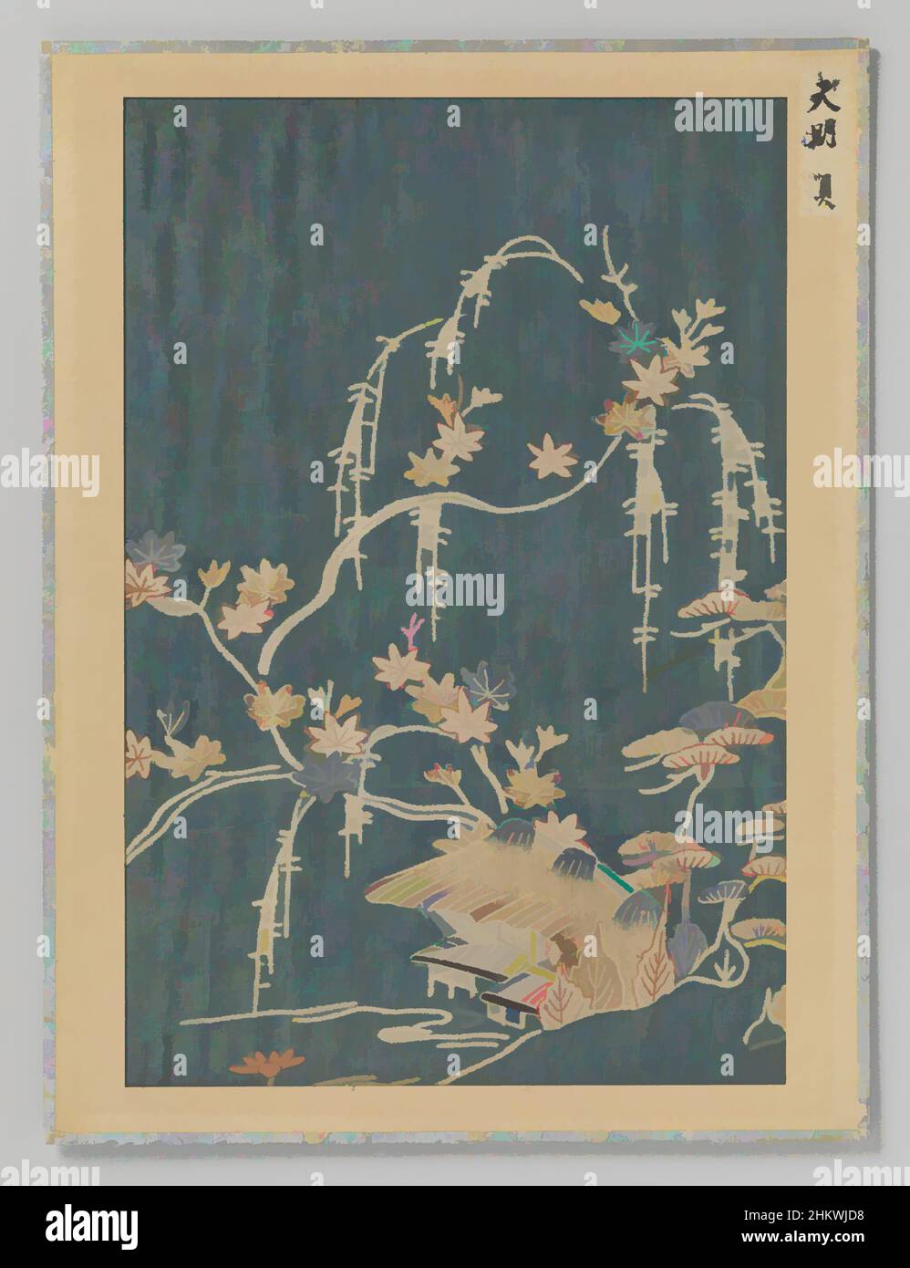 Art inspiré par textile fragment, textile fragment, impression d'un chalet avec des feuilles d'automne sur fond bleu-vert., Japon, 1781 - 1789, soie, hauteur 30,7 cm × largeur 20,5 cm, oeuvres classiques modernisées par Artotop avec une touche de modernité. Formes, couleur et valeur, impact visuel accrocheur sur l'art émotions par la liberté d'œuvres d'art d'une manière contemporaine. Un message intemporel qui cherche une nouvelle direction créative. Artistes qui se tournent vers le support numérique et créent le NFT Artotop Banque D'Images