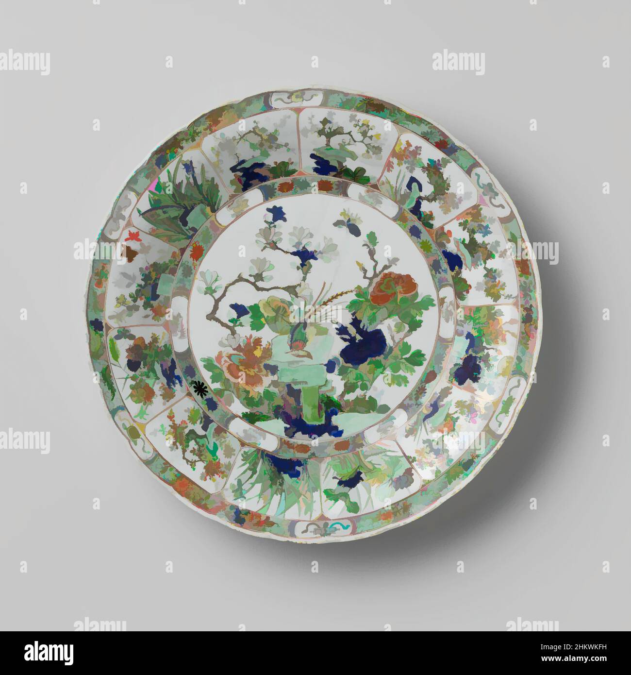 Art inspiré par un plat avec un faisan sur une roche entourée de plantes à fleurs, plat de porcelaine avec mur modélisé et rebord de lob, peint en bleu sous-glaçure et sur le bleu glaçé, rouge, vert, jaune, aubergine, noir et or. Sur l'appartement un faisan sur un rocher entouré de floraison, les œuvres classiques modernisées par Artotop avec une touche de modernité. Formes, couleur et valeur, impact visuel accrocheur sur l'art émotions par la liberté d'œuvres d'art d'une manière contemporaine. Un message intemporel qui cherche une nouvelle direction créative. Artistes qui se tournent vers le support numérique et créent le NFT Artotop Banque D'Images