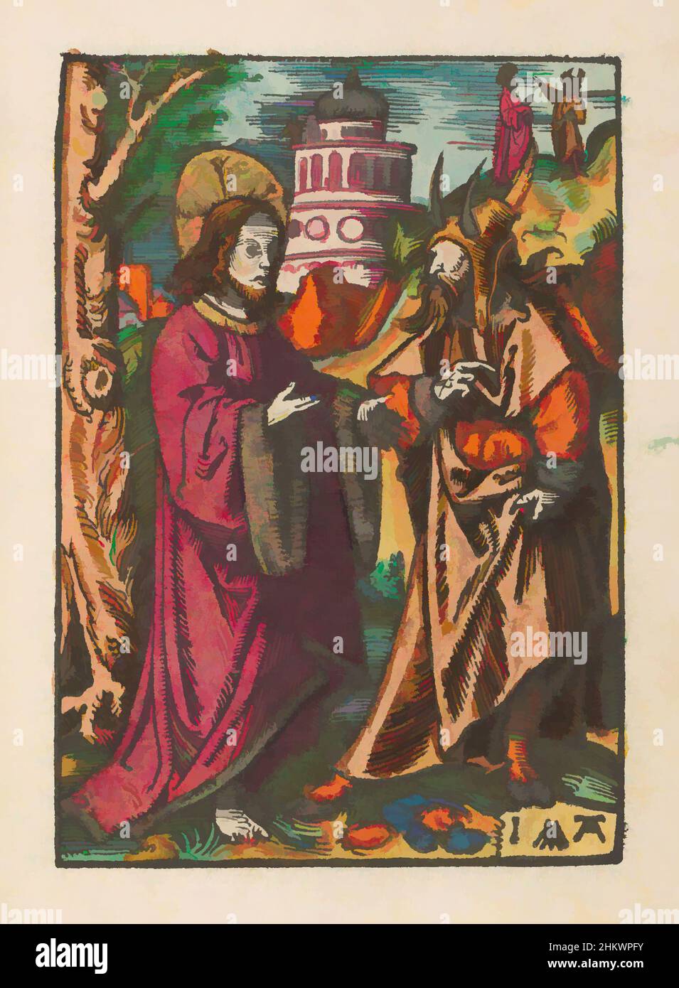 Art inspiré par la tentation du Christ, la petite passion (titre de la série), la passion stupide (titre de la série), la tentation du Christ dans le désert. Le diable, sous le couvert d'un homme avec des cornes, lui demande de transformer les pierres qu'il tient dans sa robe en pains de pain. En arrière-plan les deux autres, les œuvres classiques modernisées par Artotop avec un peu de modernité. Formes, couleur et valeur, impact visuel accrocheur sur l'art émotions par la liberté d'œuvres d'art d'une manière contemporaine. Un message intemporel qui cherche une nouvelle direction créative. Artistes qui se tournent vers le support numérique et créent le NFT Artotop Banque D'Images