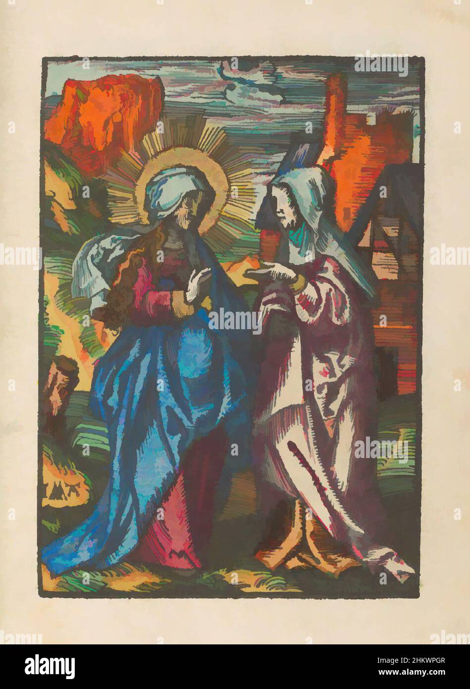 Art inspiré par la Visitation, la petite passion (titre de la série), la passion stupide (titre de la série), Marie et Elizabeth Meet. L'imprimé fait partie d'un livre., Imprimeur: Jacob Cornelisz van Oostsanen, éditeur: Doen Pietersz., Amsterdam, 1520 - 1521 et/ou c. 1530, papier, hauteur 111 mm × largeur 78, oeuvres classiques modernisées par Artotop avec une touche de modernité. Formes, couleur et valeur, impact visuel accrocheur sur l'art émotions par la liberté d'œuvres d'art d'une manière contemporaine. Un message intemporel qui cherche une nouvelle direction créative. Artistes qui se tournent vers le support numérique et créent le NFT Artotop Banque D'Images