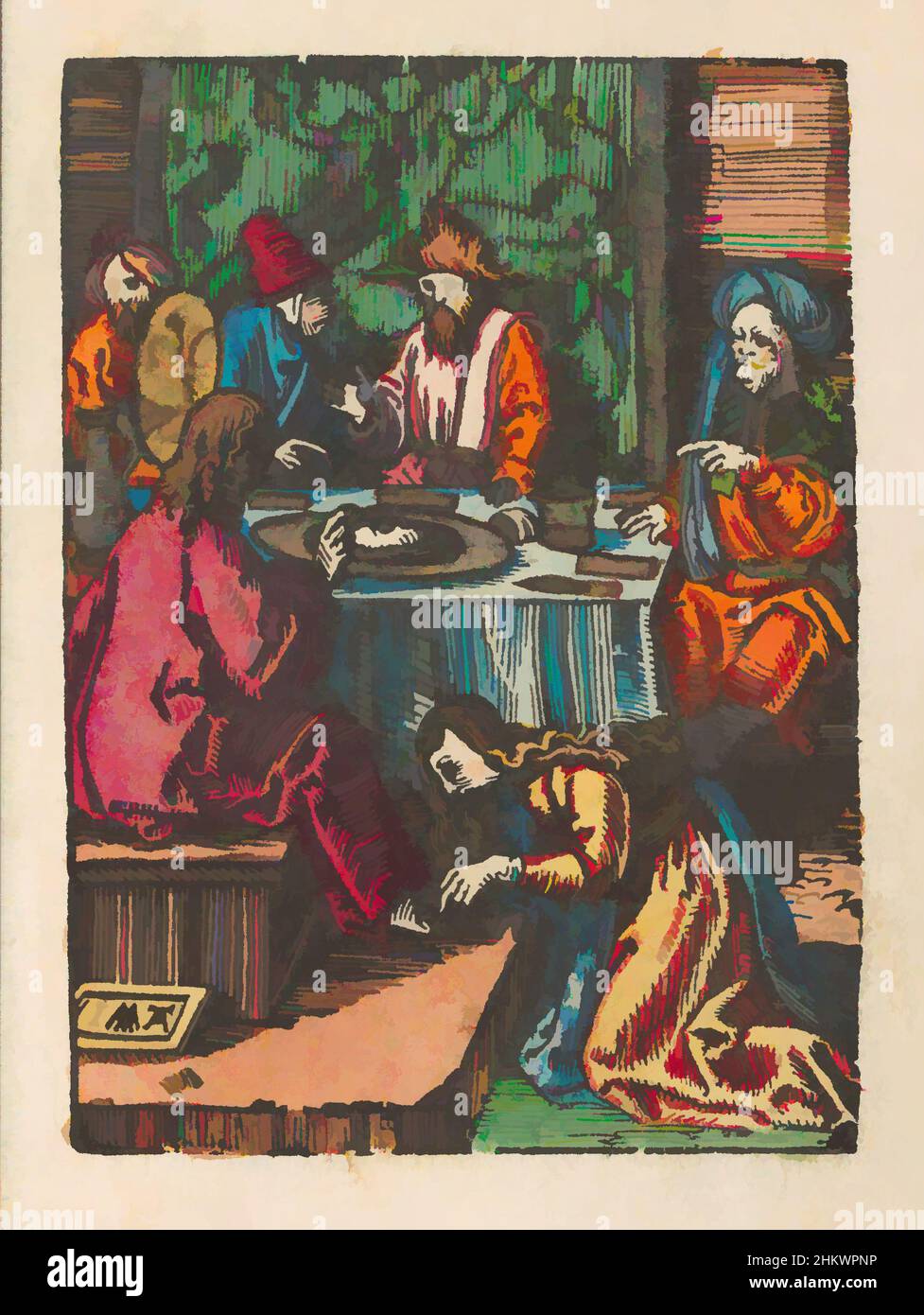Art inspiré par le Christ oint par Marie Magdalene, la petite passion (titre de la série), la passion stupide (titre de la série), le Christ se mange à table dans la maison de Simon le Pharisien. Marie Magdalene s'agenouille sur le sol en ontant ses pieds et en les séchant avec ses cheveux. L'imprimé fait partie d'une œuvre classique modernisée par Artotop avec une touche de modernité. Formes, couleur et valeur, impact visuel accrocheur sur l'art émotions par la liberté d'œuvres d'art d'une manière contemporaine. Un message intemporel qui cherche une nouvelle direction créative. Artistes qui se tournent vers le support numérique et créent le NFT Artotop Banque D'Images