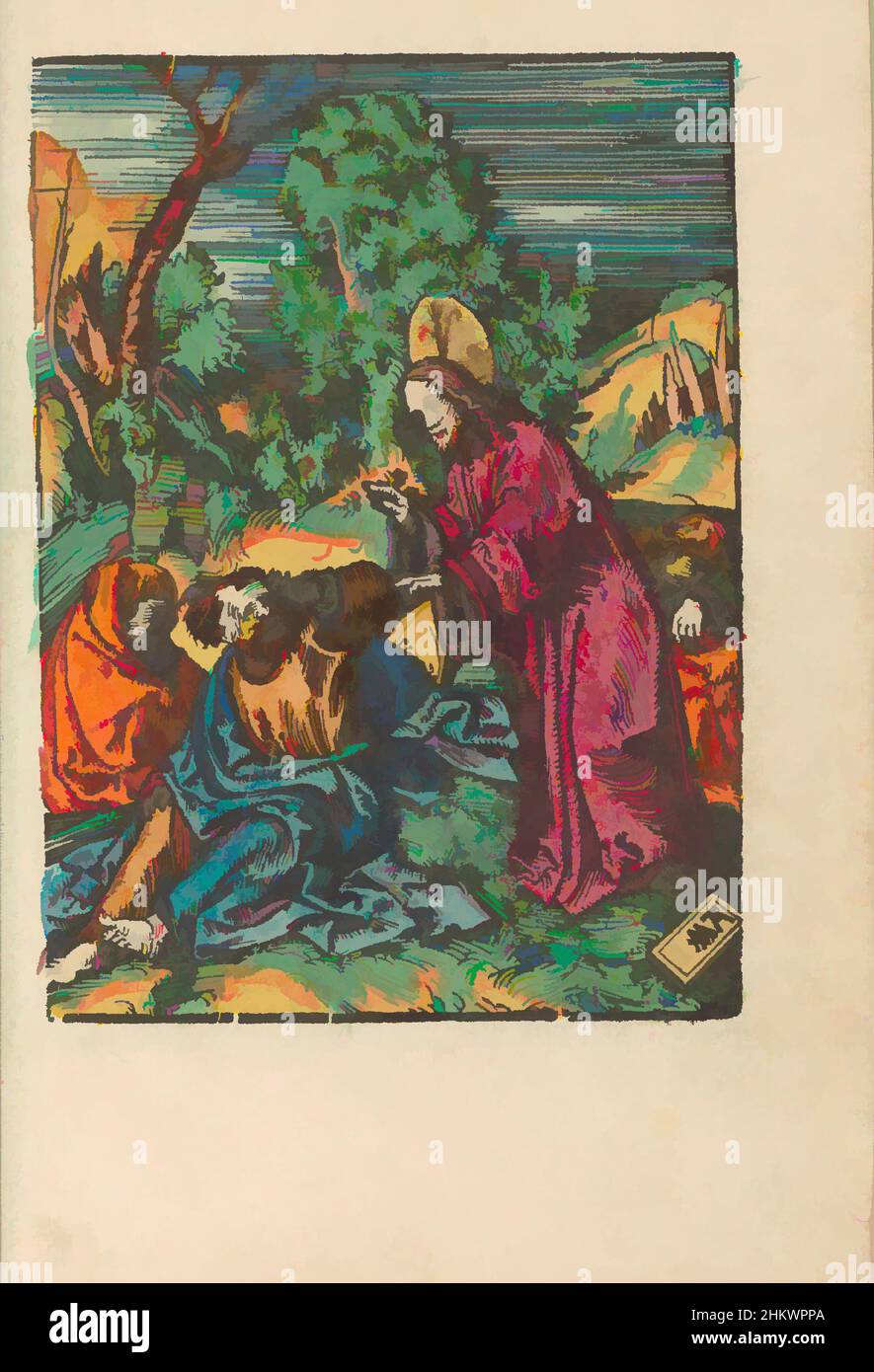 L'art inspiré par le Christ réveille les disciples endormis, la petite passion (titre de la série), la passion stupide (titre de la série), Christ trouve Pierre, Jean et Andrew dormant dans le jardin de Gethsémané, quand il leur avait demandé de regarder avec lui. Peter se frotte les yeux. L'impression fait partie d'un livre., l'impression, les œuvres classiques modernisées par Artotop avec une touche de modernité. Formes, couleur et valeur, impact visuel accrocheur sur l'art émotions par la liberté d'œuvres d'art d'une manière contemporaine. Un message intemporel qui cherche une nouvelle direction créative. Artistes qui se tournent vers le support numérique et créent le NFT Artotop Banque D'Images