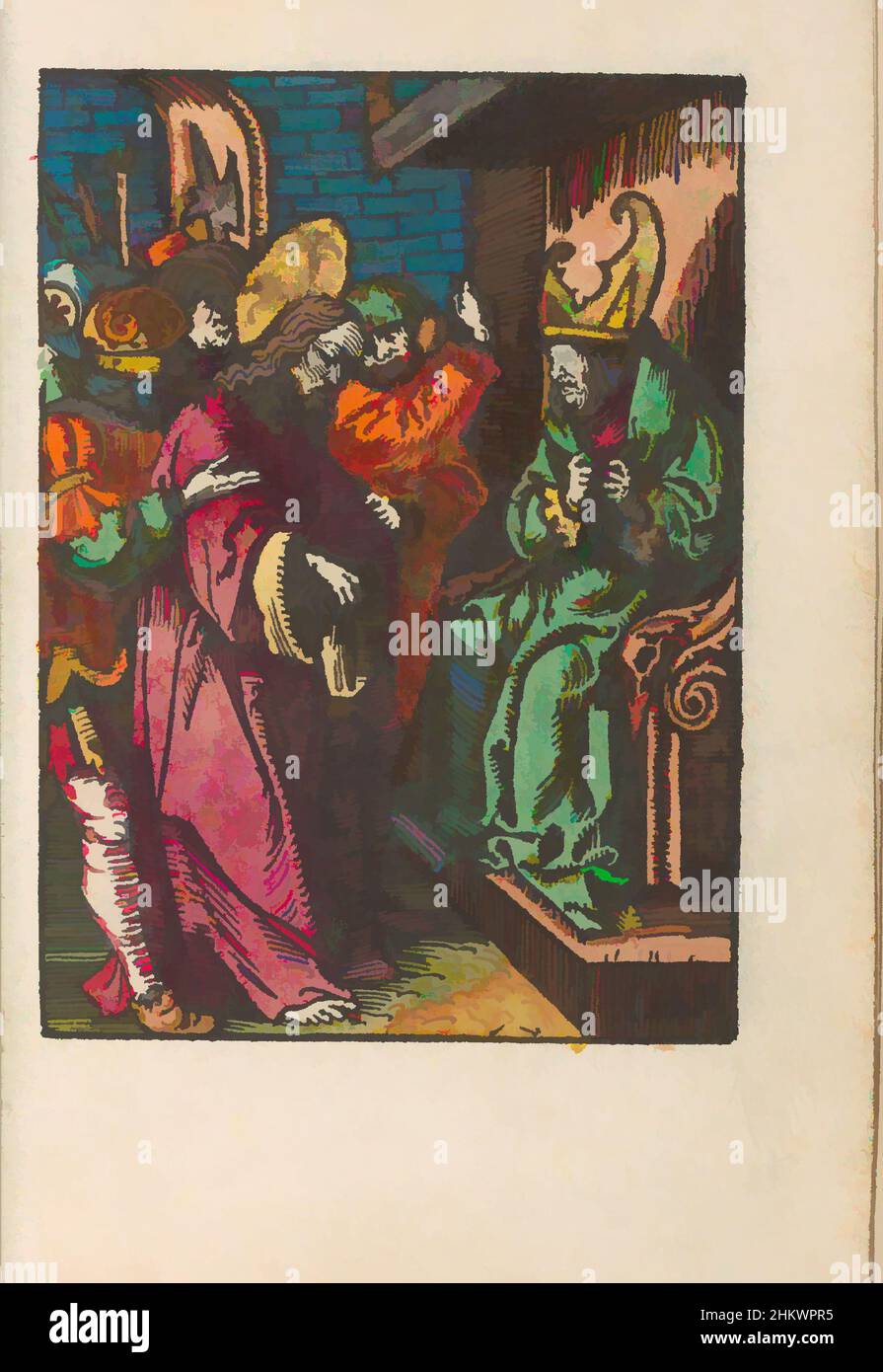 Art inspiré par le Christ avant Caiaphas, la petite passion (titre de la série), la passion stupide (titre de la série), le Christ est amené devant le souverain sacrificateur Caiaphas. Caiapahas est assis sur un trône et est sur le point de déchirer sa robe des deux mains. L'impression fait partie d'un livre., imprimeur: Jacob, oeuvres classiques modernisées par Artotop avec une touche de modernité. Formes, couleur et valeur, impact visuel accrocheur sur l'art émotions par la liberté d'œuvres d'art d'une manière contemporaine. Un message intemporel qui cherche une nouvelle direction créative. Artistes qui se tournent vers le support numérique et créent le NFT Artotop Banque D'Images