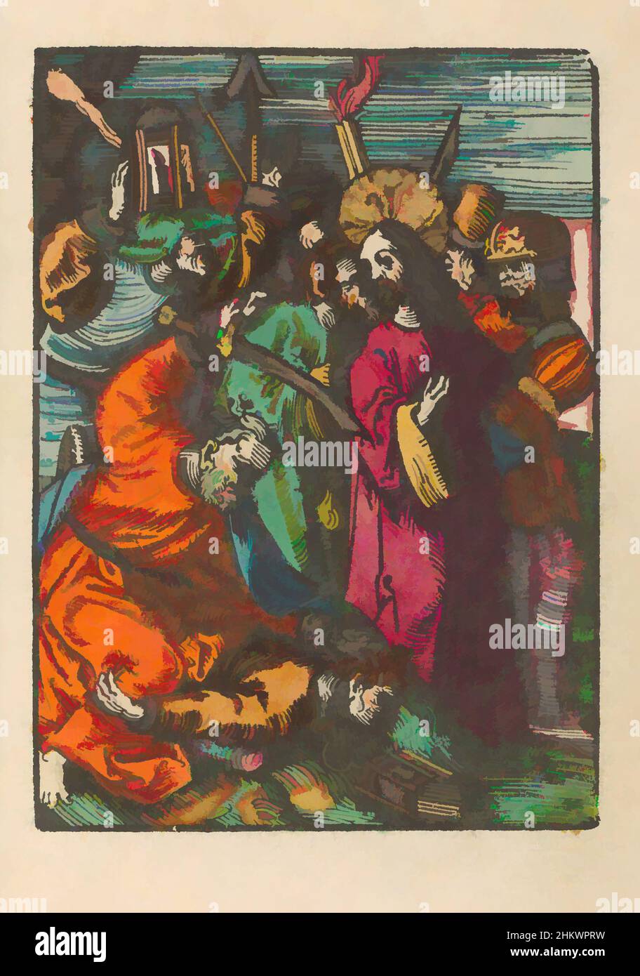 Art inspiré par le baiser de Jude, la petite passion (titre de la série), la passion stupide (titre de la série), Judas embrasse le Christ sur la joue pour indiquer que c'est l'homme que les soldats doivent capturer. Au premier plan, Peter tient Malchus par ses cheveux pour le faire tomber de son oreille. L'imprimé fait partie d'une œuvre classique modernisée par Artotop avec une touche de modernité. Formes, couleur et valeur, impact visuel accrocheur sur l'art émotions par la liberté d'œuvres d'art d'une manière contemporaine. Un message intemporel qui cherche une nouvelle direction créative. Artistes qui se tournent vers le support numérique et créent le NFT Artotop Banque D'Images