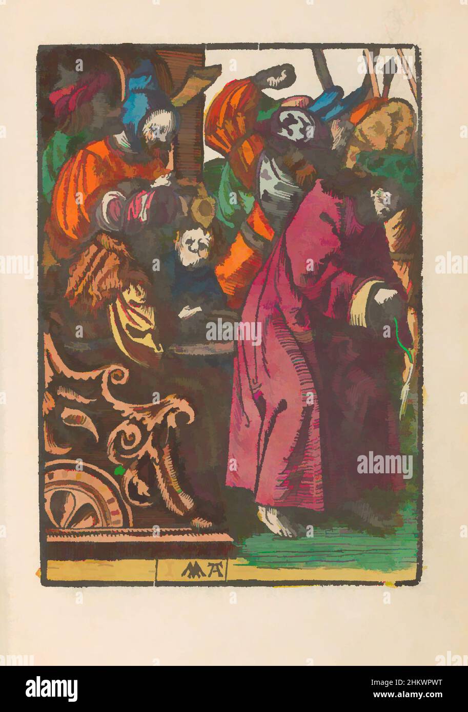 Art inspiré par Pilate se lave les mains dans l'innocence, la petite passion (titre de la série), la passion stupide (titre de la série), Pilate se lave les mains dans l'innocence. Christ étant conduit loin. L'imprimé fait partie d'un livre., imprimeur: Jacob Cornelisz van Oostsanen, éditeur: Doen Pietersz., Amsterdam, oeuvres classiques modernisées par Artotop avec un peu de modernité. Formes, couleur et valeur, impact visuel accrocheur sur l'art émotions par la liberté d'œuvres d'art d'une manière contemporaine. Un message intemporel qui cherche une nouvelle direction créative. Artistes qui se tournent vers le support numérique et créent le NFT Artotop Banque D'Images