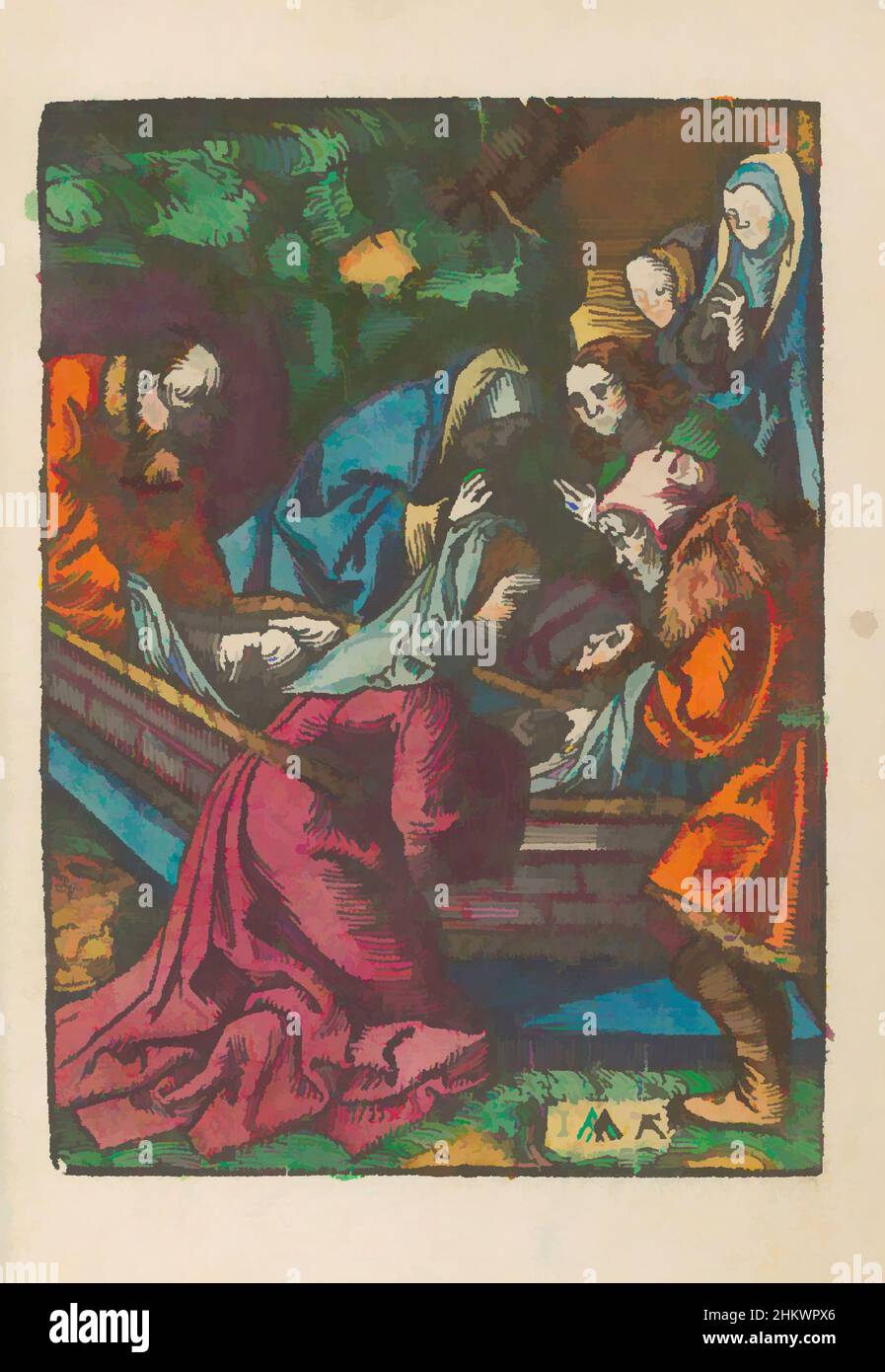 Art inspiré par l'Entombment, la petite passion (titre de la série), la passion stupide (titre de la série), le Christ mort est posé dans un tombeau. L'imprimé fait partie d'un livre., Imprimeur: Jacob Cornelisz van Oostsanen, éditeur: Doen Pietersz., Amsterdam, 1520 - 1521 et/ou c. 1530, papier, hauteur 112, oeuvres classiques modernisées par Artotop avec une touche de modernité. Formes, couleur et valeur, impact visuel accrocheur sur l'art émotions par la liberté d'œuvres d'art d'une manière contemporaine. Un message intemporel qui cherche une nouvelle direction créative. Artistes qui se tournent vers le support numérique et créent le NFT Artotop Banque D'Images