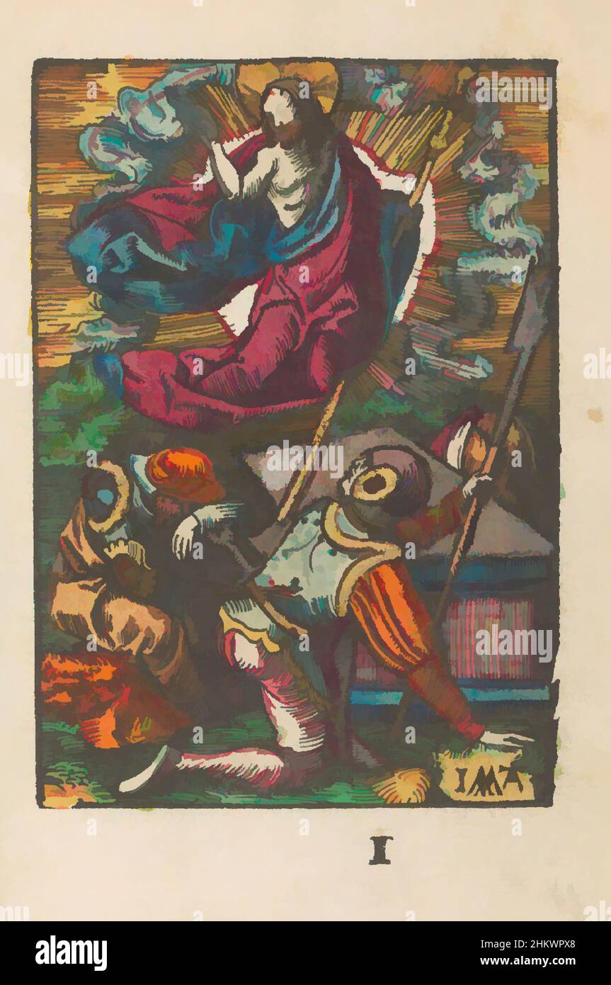 Art inspiré par la Résurrection, la petite passion (titre de la série), la passion stupide (titre de la série), Christ s'élève des morts. Il se hait au-dessus de la tombe avec une équipe de croix à la main. Un soldat regarde, l'autre dort. Marqué en bas: I. l'impression fait partie d'un livre., imprimeur: Jacob, oeuvres classiques modernisées par Artotop avec une touche de modernité. Formes, couleur et valeur, impact visuel accrocheur sur l'art émotions par la liberté d'œuvres d'art d'une manière contemporaine. Un message intemporel qui cherche une nouvelle direction créative. Artistes qui se tournent vers le support numérique et créent le NFT Artotop Banque D'Images