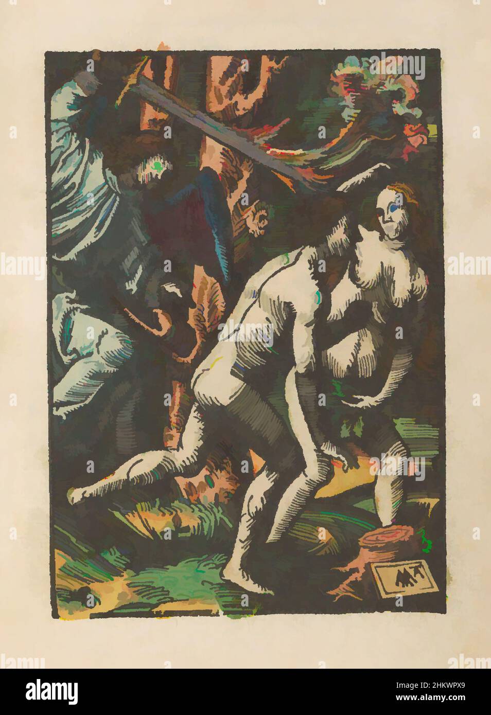 Art inspiré par l'expulsion du Paradis, la petite passion (titre de la série), la passion stupide (titre de la série), Adam et Eve sont expulsés du Paradis par un ange avec une épée flamboyante. L'imprimé fait partie d'un livre., imprimeur: Jacob Cornelisz van Oostsanen, éditeur: Doen Pietersz., Amsterdam, oeuvres classiques modernisées par Artotop avec un peu de modernité. Formes, couleur et valeur, impact visuel accrocheur sur l'art émotions par la liberté d'œuvres d'art d'une manière contemporaine. Un message intemporel qui cherche une nouvelle direction créative. Artistes qui se tournent vers le support numérique et créent le NFT Artotop Banque D'Images