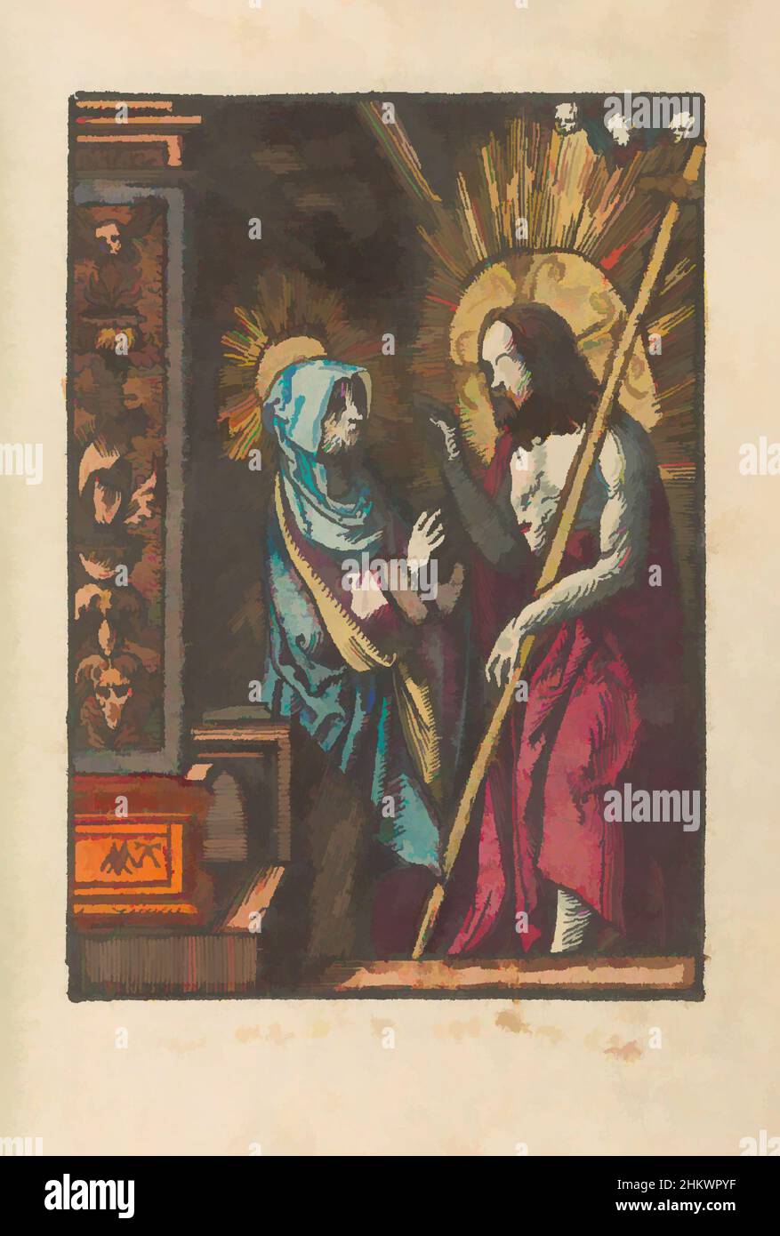 L'art inspiré par le Christ apparaît à sa mère Marie, la petite passion (titre de la série), la passion stupide (titre de la série), le Christ ressuscité apparaît à sa mère Marie. L'imprimé fait partie d'un livre., Imprimeur: Jacob Cornelisz van Oostsanen, éditeur: Doen Pietersz., Amsterdam, 1520 - 1521 et/, oeuvres classiques modernisées par Artotop avec une touche de modernité. Formes, couleur et valeur, impact visuel accrocheur sur l'art émotions par la liberté d'œuvres d'art d'une manière contemporaine. Un message intemporel qui cherche une nouvelle direction créative. Artistes qui se tournent vers le support numérique et créent le NFT Artotop Banque D'Images