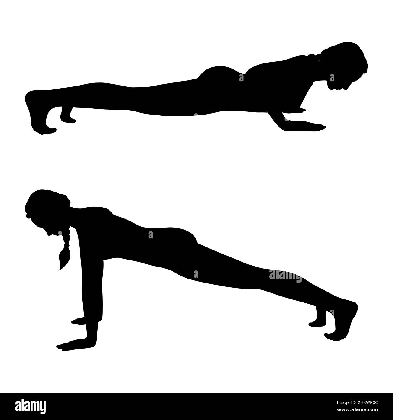 Silhouette de femme en position haute et basse de planche.Yogi femme formant ses muscles de corps.Illustration vectorielle sur fond blanc Illustration de Vecteur