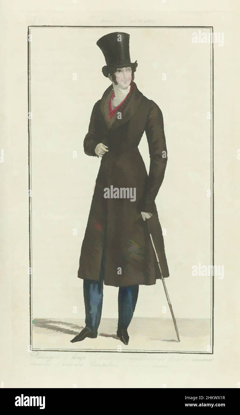 Art inspiré par Journal des Dames et des modes 1822, Costume parisien (2055), Homme portant un chapeau haut à bord étroit sur la tête. Il est vêtu d'un rouge de tissu, de châle et de brandenbourgs. Veste sans manches casimir et sous-tension de velours. Pantaluons de 'cuir de laine' (?). La marche en bambou, les œuvres classiques modernisées par Artotop avec une touche de modernité. Formes, couleur et valeur, impact visuel accrocheur sur l'art émotions par la liberté d'œuvres d'art d'une manière contemporaine. Un message intemporel qui cherche une nouvelle direction créative. Artistes qui se tournent vers le support numérique et créent le NFT Artotop Banque D'Images