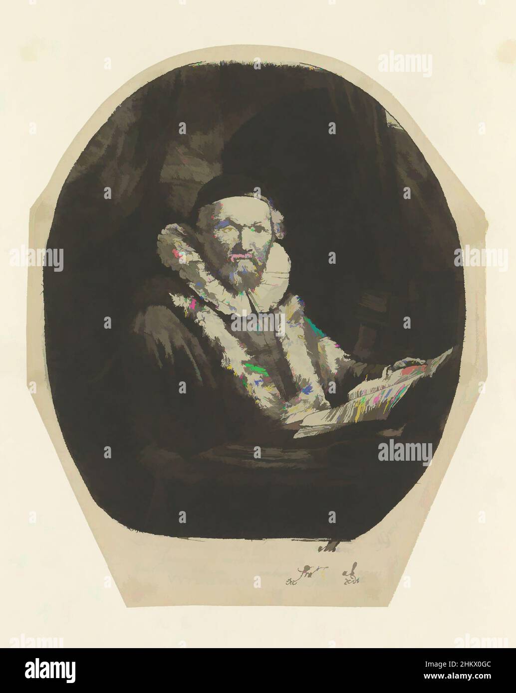 Art inspiré par Portrait du prédicateur Remonstrant Jan Wtenbogaert, Recueil de quatre-vingt-cinq estampes originales (titre de la série), l'imprimé fait partie d'un album., imprimeuse: Rembrandt van Rijn, Hugo de Groot, Paris, 1635 et/ou 1807 - 1808, papier, gravure, gravure, gravure, hauteur 224 mm, Œuvres classiques modernisées par Artotop avec une touche de modernité. Formes, couleur et valeur, impact visuel accrocheur sur l'art émotions par la liberté d'œuvres d'art d'une manière contemporaine. Un message intemporel qui cherche une nouvelle direction créative. Artistes qui se tournent vers le support numérique et créent le NFT Artotop Banque D'Images