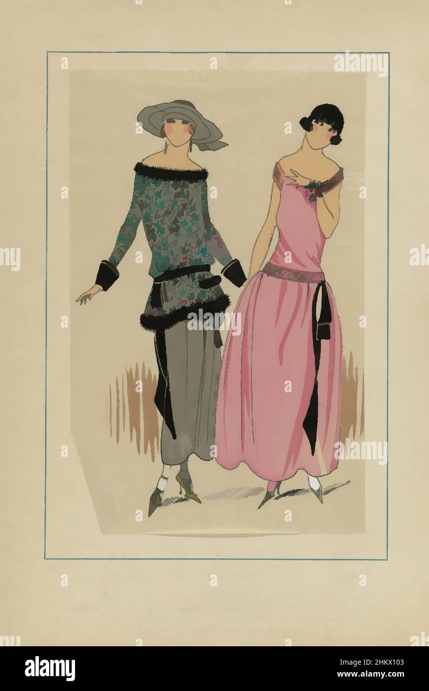 Art inspiré par Très parisien, 1923, No 1: Tissus et Rubans de A. PREVOST ..., Casaque sur une jupe de crêpe brillante avec chapeau assorti; "robe de style" de taffeta. Imprimé du magazine de mode Très parisien (1920-1936)., imprimerie:, G-P. Joumard, Paris, 1923, papier, typographie, Œuvres classiques modernisées par Artotop avec une touche de modernité. Formes, couleur et valeur, impact visuel accrocheur sur l'art émotions par la liberté d'œuvres d'art d'une manière contemporaine. Un message intemporel qui cherche une nouvelle direction créative. Artistes qui se tournent vers le support numérique et créent le NFT Artotop Banque D'Images