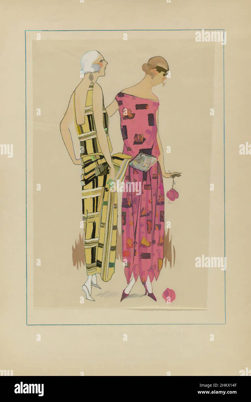 Art inspiré par Très parisien 1923 No 1: Tissus de Diederichs - Soieries, deux robes de soirée de la crêpe Colette. Imprimé du magazine de mode Très parisien (1920-1936)., Imprimeur:, Diederichs-Soieries, Paris, 1923, Papier, impression typographique, hauteur 269 mm × largeur 180 mm, œuvres classiques modernisées par Artotop avec une touche de modernité. Formes, couleur et valeur, impact visuel accrocheur sur l'art émotions par la liberté d'œuvres d'art d'une manière contemporaine. Un message intemporel qui cherche une nouvelle direction créative. Artistes qui se tournent vers le support numérique et créent le NFT Artotop Banque D'Images