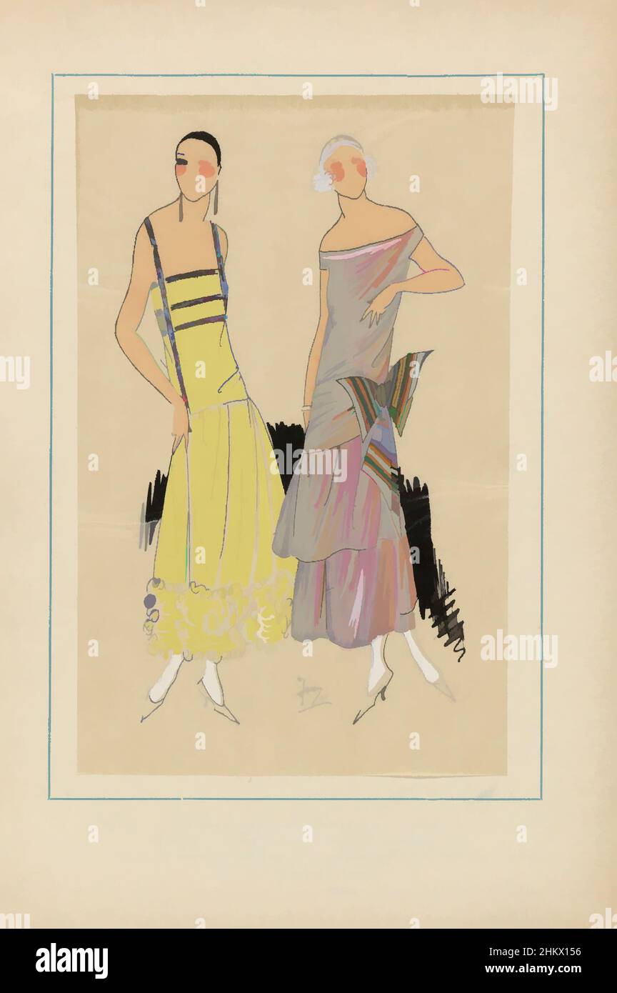 Art inspiré par Très parisien, 1923, n° 10: 11. - SOIRÉE. - Cette robe de crêpe..., robe de soirée de 'crêpe satin' jaune citron, le corsage est garni d'un petit 'galon de fantaisie', le fond de la jupe avec des plumes de marabout. L'autre toilette est de 'taffetas caméléon' dans, les œuvres classiques modernisées par Artotop avec un peu de modernité. Formes, couleur et valeur, impact visuel accrocheur sur l'art émotions par la liberté d'œuvres d'art d'une manière contemporaine. Un message intemporel qui cherche une nouvelle direction créative. Artistes qui se tournent vers le support numérique et créent le NFT Artotop Banque D'Images