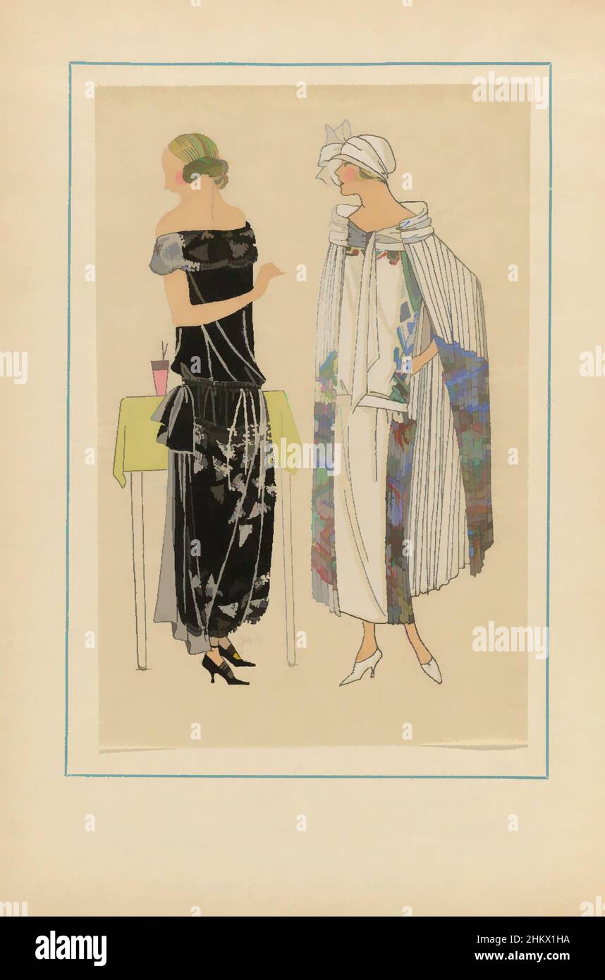 Art inspiré par très parisien, 1923, n° 3: Créations ROBERT...Diablesse, Designs by Robert. Robe noire « crêpe Georgette » brodée de satin et d'argent, une bande de tulle termine cette belle « toilette ». L'autre robe est rose, le cap de la crépella blanche brodée avec, les œuvres classiques modernisées par Artotop avec une touche de modernité. Formes, couleur et valeur, impact visuel accrocheur sur l'art émotions par la liberté d'œuvres d'art d'une manière contemporaine. Un message intemporel qui cherche une nouvelle direction créative. Artistes qui se tournent vers le support numérique et créent le NFT Artotop Banque D'Images