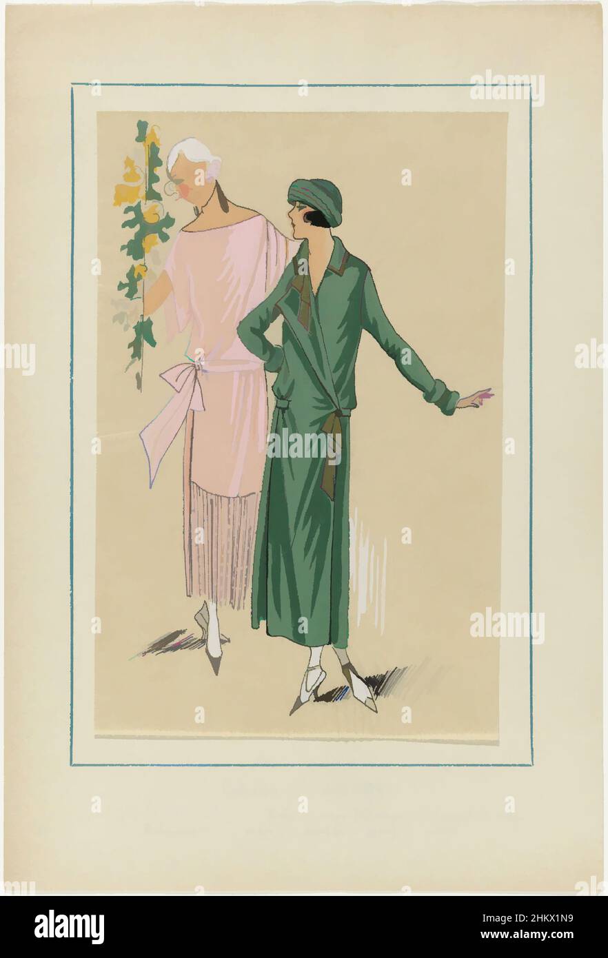 Art inspiré par Très parisien, 1923, n° 5: 6. - VISITE au JARDIN..., Designs by Paquin. 1. Robe de crêpe rose Majunga avec franges de la rafia. 2. 'Robe-manteau' (robe-veste) de 'Popla' vert amande et garni de rubans dorés. Imprimé du magazine de mode Très parisien (1920-, oeuvres classiques modernisées par Artotop avec une touche de modernité. Formes, couleur et valeur, impact visuel accrocheur sur l'art émotions par la liberté d'œuvres d'art d'une manière contemporaine. Un message intemporel qui cherche une nouvelle direction créative. Artistes qui se tournent vers le support numérique et créent le NFT Artotop Banque D'Images