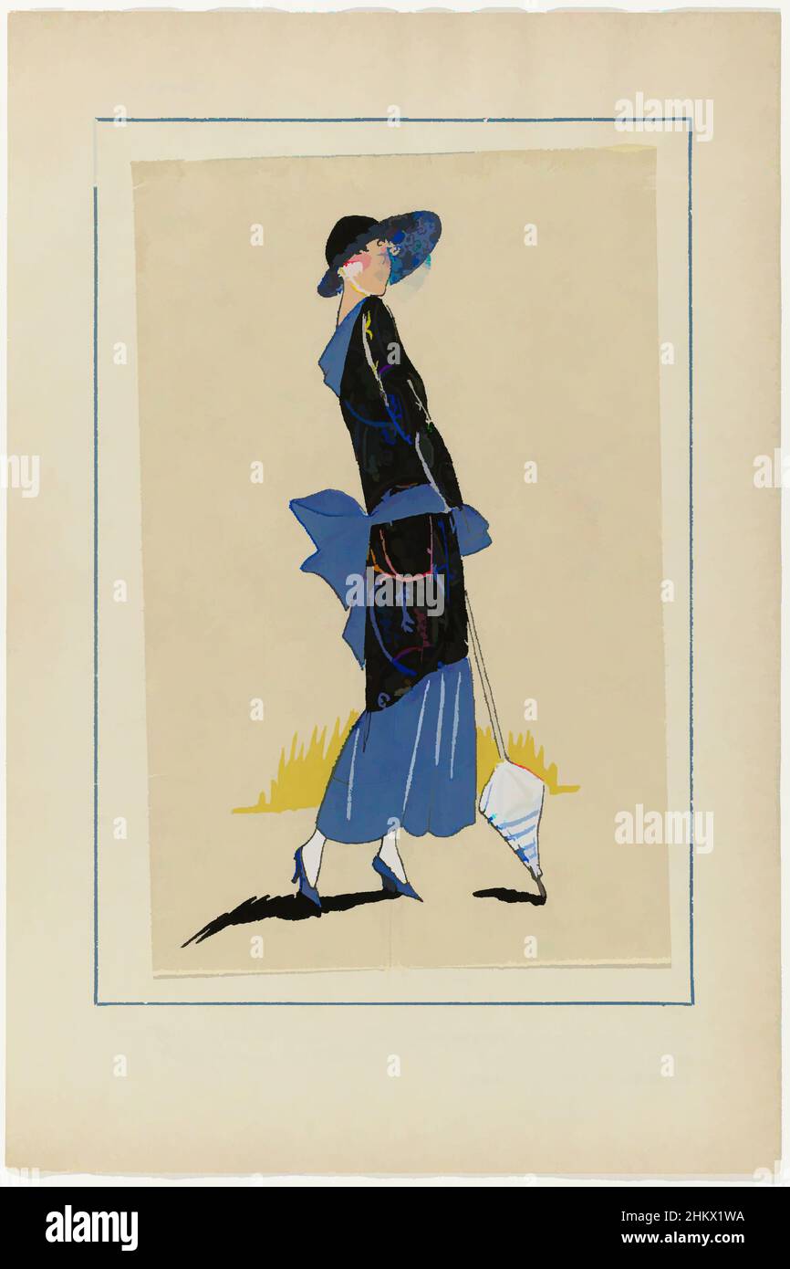 Art inspiré par Très parisien, 1923, n° 6: 15. - QUI M'AIME ME SUIVE... - Une toilette élégante..., un ensemble de satin de crêpe imprimé. Un volume plus large à l'avant. Ceinture de rubans. Autres accessoires: chapeau à large ciel, bâton de marche (parasol?), pompes. Tissus de Diéderichs, œuvres classiques modernisées par Artotop avec une touche de modernité. Formes, couleur et valeur, impact visuel accrocheur sur l'art émotions par la liberté d'œuvres d'art d'une manière contemporaine. Un message intemporel qui cherche une nouvelle direction créative. Artistes qui se tournent vers le support numérique et créent le NFT Artotop Banque D'Images