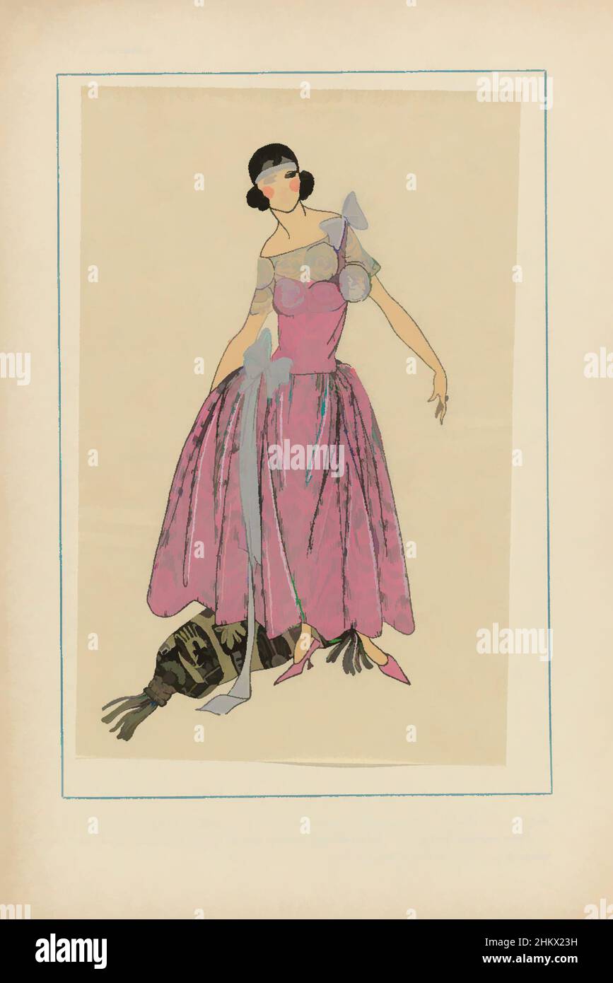 Art inspiré par Très parisien, 1923, No 9: 16.- ÉCLATANTE. - Ravansante robe en moiré..., robe de 'salle métal', ornée de rubans de satin d'argent et berthe de dentelle d'argent. Coussin de 'tissu égyptien' en noir et or, pampille de 'fantaisie métal'. Tissus de Dorure Louis Mathieu, œuvres classiques modernisées par Artotop avec une touche de modernité. Formes, couleur et valeur, impact visuel accrocheur sur l'art émotions par la liberté d'œuvres d'art d'une manière contemporaine. Un message intemporel qui cherche une nouvelle direction créative. Artistes qui se tournent vers le support numérique et créent le NFT Artotop Banque D'Images