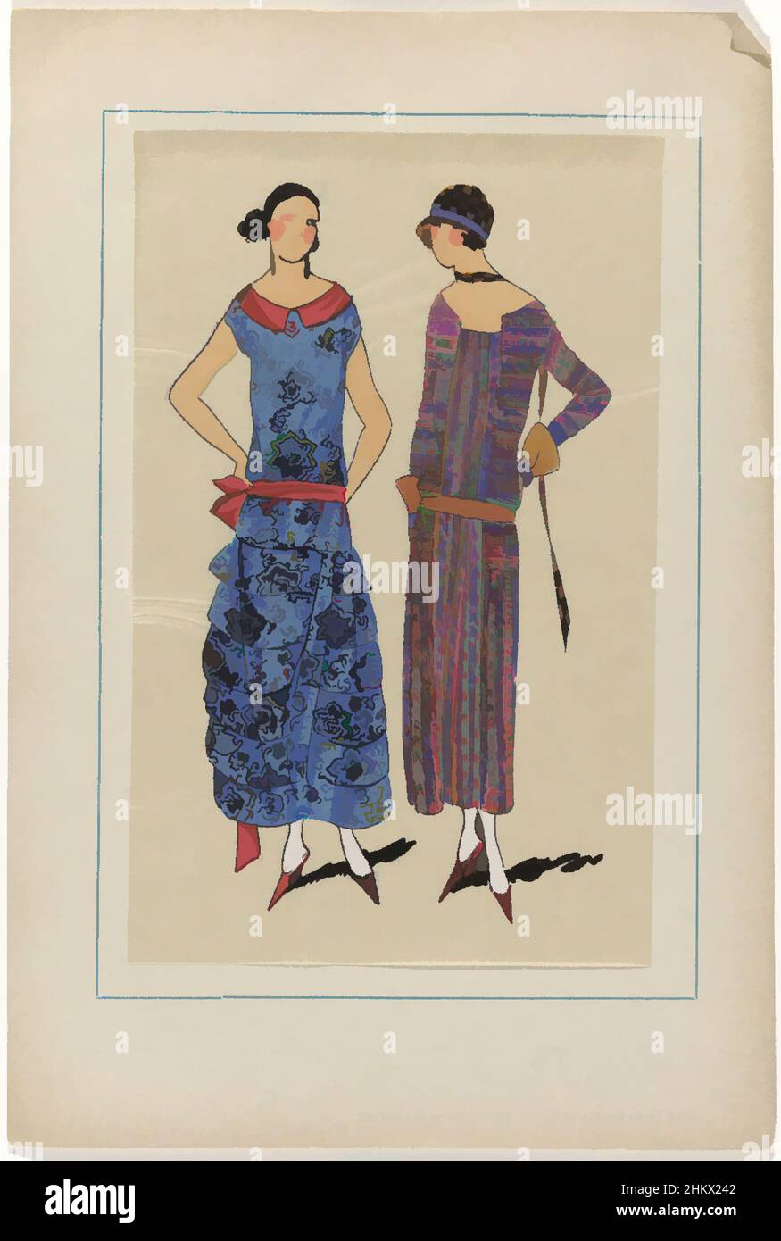 Art inspiré par Très parisien, 1923, n° 9: 3. - CHARMANTES. - Voici une toilette..., 'Toilette' de 'crêpe Dora' imprimée; corsage droit et jupe avec larges flounces, décorée à la taille avec un ruban drapé. Robe de « crêpe reptile » imprimée avec motif à rayures. Tissus de Meurice, œuvres classiques modernisées par Artotop avec une touche de modernité. Formes, couleur et valeur, impact visuel accrocheur sur l'art émotions par la liberté d'œuvres d'art d'une manière contemporaine. Un message intemporel qui cherche une nouvelle direction créative. Artistes qui se tournent vers le support numérique et créent le NFT Artotop Banque D'Images