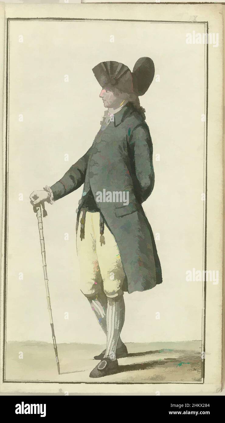 Art inspiré par Journal des Luxus und der Moden 1786, Band I, T. 9, petit maitre, 'én chenille' (en négligé). Sur la tête un chapeau 'à l'Androsmane', autour du cou un épais mouchoir anglais de mousseline. Frak avec de grands boutons de nacre. Veste sans manches, culottes à boucles anglaises, œuvres classiques modernisées par Artotop avec une touche de modernité. Formes, couleur et valeur, impact visuel accrocheur sur l'art émotions par la liberté d'œuvres d'art d'une manière contemporaine. Un message intemporel qui cherche une nouvelle direction créative. Artistes qui se tournent vers le support numérique et créent le NFT Artotop Banque D'Images