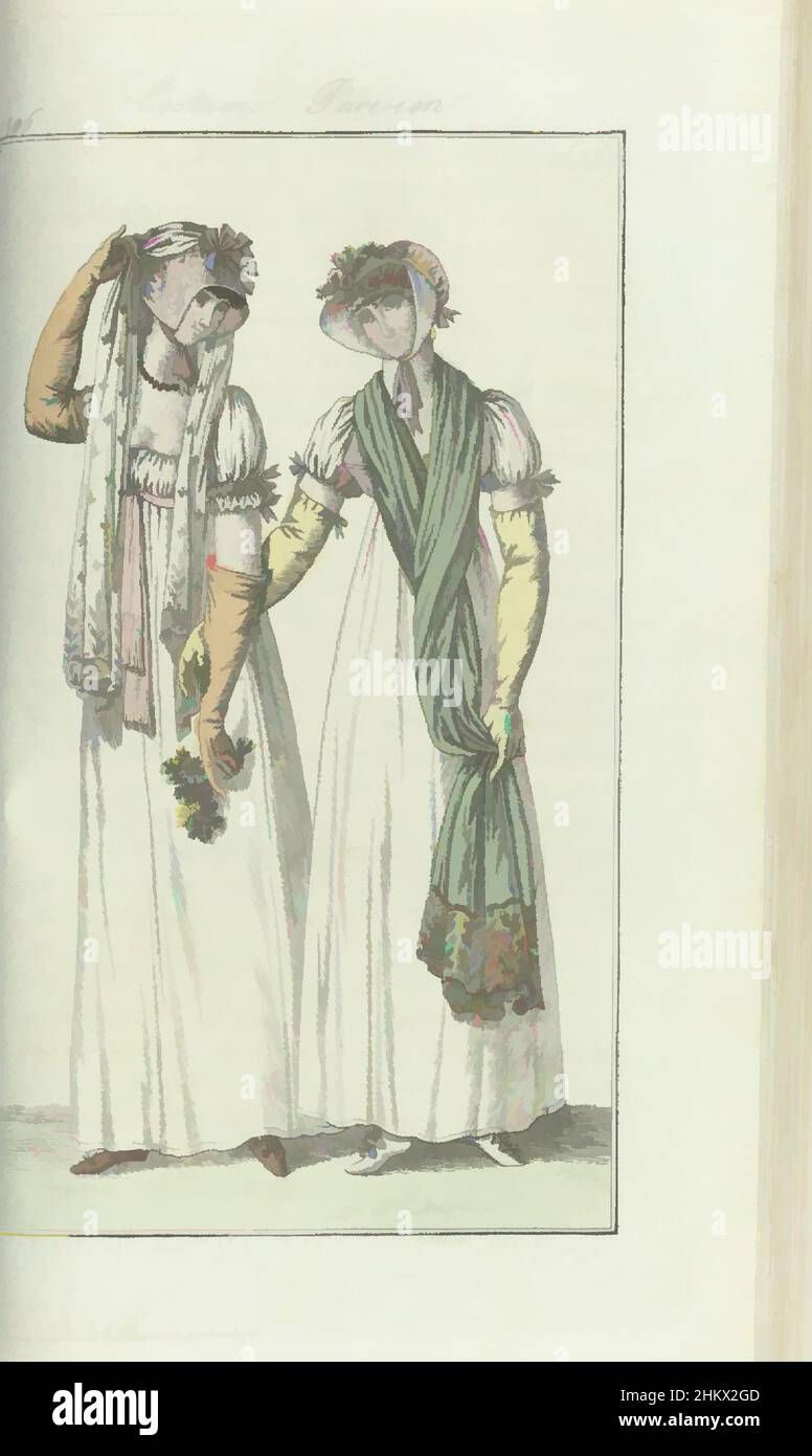 Art inspiré par Journal des Dames et des modes, édition de Francfort 4 août 1806, Costume parisien (32), selon le texte d'accompagnement (p. 161): Fig. 1: Chapeau de paille avec rubans, sur lequel est une voile brodée. Boucles d'oreilles et collier en... Japanese en mousseline blanche. Manches, œuvres classiques modernisées par Artotop avec une touche de modernité. Formes, couleur et valeur, impact visuel accrocheur sur l'art émotions par la liberté d'œuvres d'art d'une manière contemporaine. Un message intemporel qui cherche une nouvelle direction créative. Artistes qui se tournent vers le support numérique et créent le NFT Artotop Banque D'Images