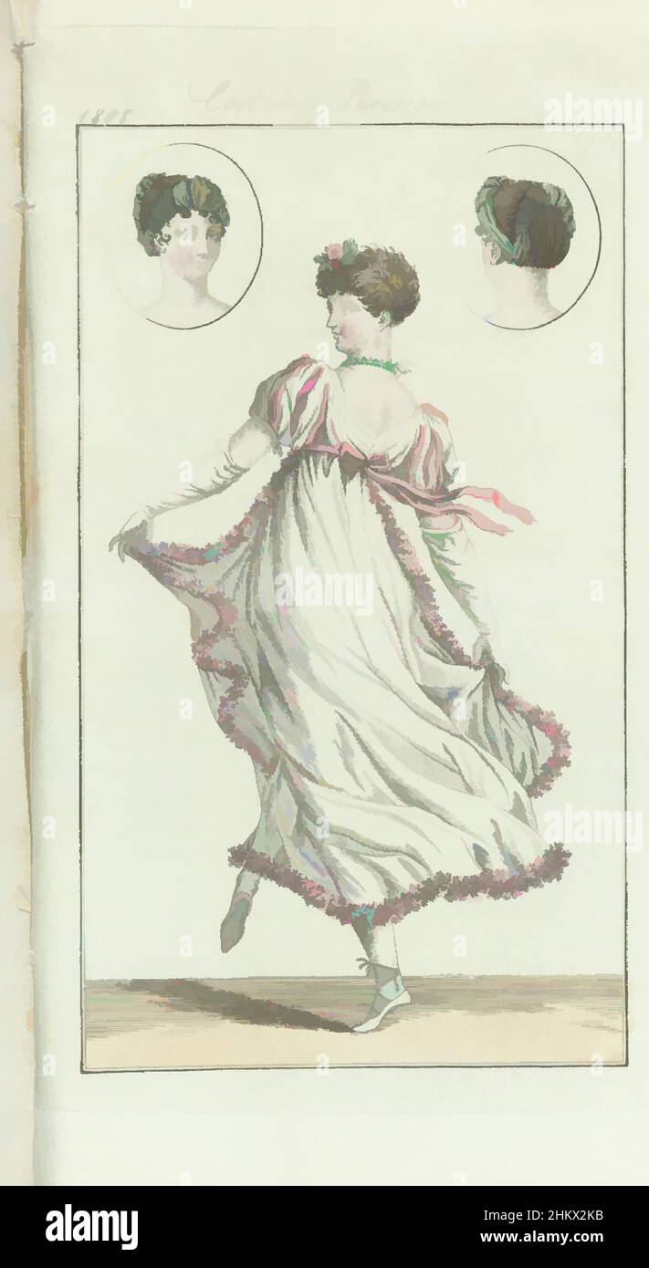 Art inspiré par Journal des Dames et des modes, édition Francfort 25 avril 1808, Costume parisien (17), dansante woman. En haut en cercles : la coiffure des femmes à l'avant et à l'arrière. Selon le texte d'accompagnement (p. 102): Fig. 1: Coeffure à la Titus, décorée de roses. Boucles d'oreilles et, œuvres classiques modernisées par Artotop avec une touche de modernité. Formes, couleur et valeur, impact visuel accrocheur sur l'art émotions par la liberté d'œuvres d'art d'une manière contemporaine. Un message intemporel qui cherche une nouvelle direction créative. Artistes qui se tournent vers le support numérique et créent le NFT Artotop Banque D'Images