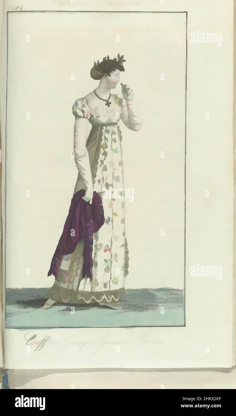 Art inspiré par Journal des Dames et des modes, édition Francfort 8 février 1808, Costume parisien (6) : Coeffure grecque. Grande Parure., le texte d'accompagnement (p. 158) États: Costume de grande parure. La coiffure grecque, formée par un filet de cheveux d'or et de feuilles d'or et d'argent, les œuvres classiques modernisées par Artotop avec une touche de modernité. Formes, couleur et valeur, impact visuel accrocheur sur l'art émotions par la liberté d'œuvres d'art d'une manière contemporaine. Un message intemporel qui cherche une nouvelle direction créative. Artistes qui se tournent vers le support numérique et créent le NFT Artotop Banque D'Images