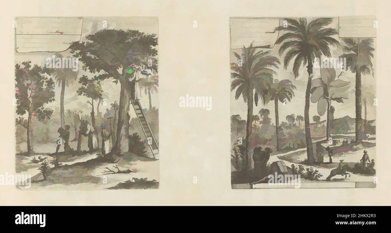 Art inspiré par les paysages aux mangues, cocotiers et palmiers, fruits de l'ile de Java, etc., arbres des Indes, les Indes Orientales et Occidentales et autres lieux (titre de la série), deux représentations sur une feuille d'album. Sur la gauche un paysage avec le manguier. Sur une échelle, les œuvres classiques modernisées par Artotop avec une touche de modernité. Formes, couleur et valeur, impact visuel accrocheur sur l'art émotions par la liberté d'œuvres d'art d'une manière contemporaine. Un message intemporel qui cherche une nouvelle direction créative. Artistes qui se tournent vers le support numérique et créent le NFT Artotop Banque D'Images