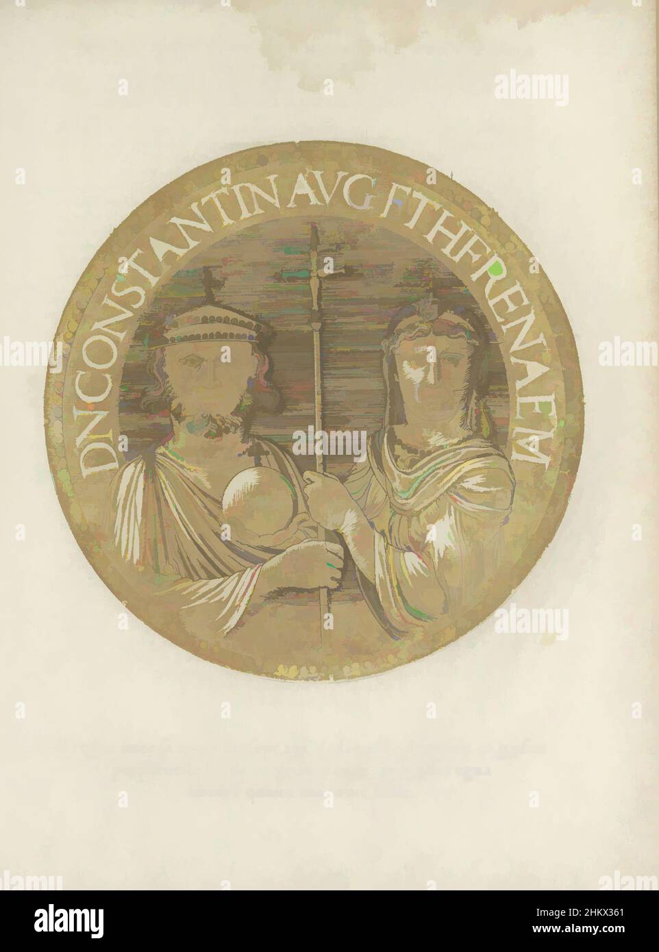 Art inspiré par Portrait de l'empereur Constantine VI avec sa mère Empress Irene, les images presse de tous les empereurs (titre de la série), Portrait de l'empereur Constantine VI avec sa mère et son successeur Empress Irene, ensemble sur une pièce de monnaie avec lettrage de bord. L'imprimé fait partie d'un livre, les œuvres classiques modernisées par Artotop avec une touche de modernité. Formes, couleur et valeur, impact visuel accrocheur sur l'art émotions par la liberté d'œuvres d'art d'une manière contemporaine. Un message intemporel qui cherche une nouvelle direction créative. Artistes qui se tournent vers le support numérique et créent le NFT Artotop Banque D'Images