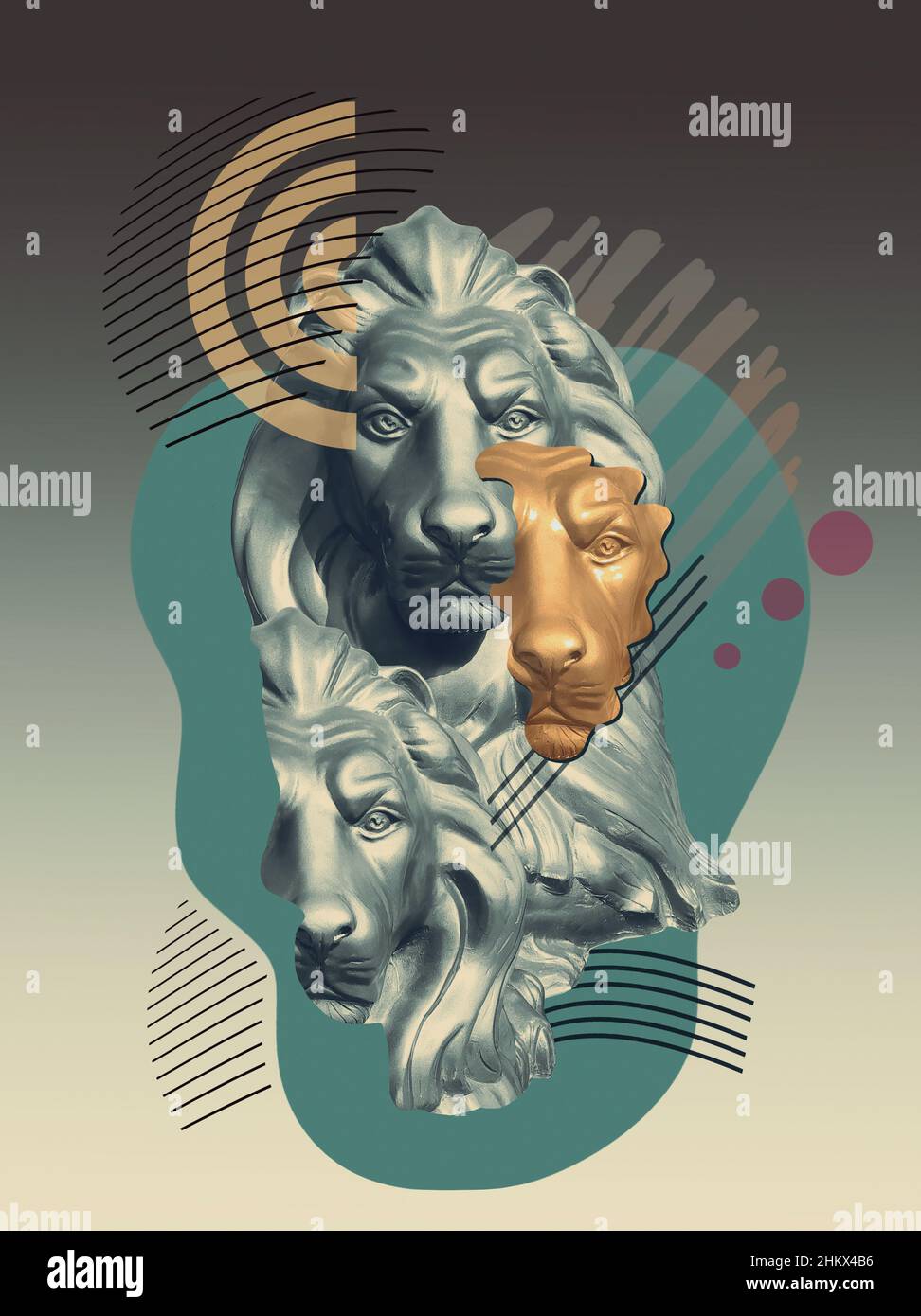 Collage avec lion dans un style pop art. Concept moderne et créatif avec statue ancienne. Culture Zine. Affiche d'art contemporain. Minimalisme funky. Design rétro. Banque D'Images