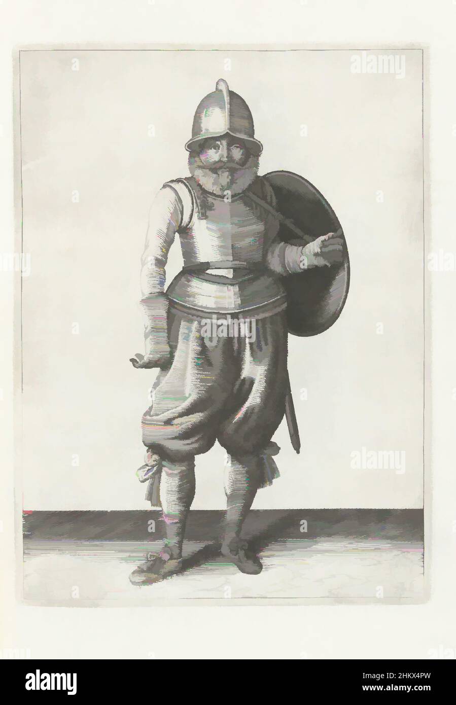 Art inspiré par l'exercice avec bouclier et lance: Le soldat ramène le bouclier sur son dos avec son bras gauche (non 26), 1618, de Nassausche Wapen-Handelinge, van Schilt, Spies, Rappier ende Targe : beyde figuerlick afgebeelt, ende gestelt na de nieuwe ordening [of, Adam van Breen, œuvres classiques modernisées par Artotop avec un peu de modernité. Formes, couleur et valeur, impact visuel accrocheur sur l'art émotions par la liberté d'œuvres d'art d'une manière contemporaine. Un message intemporel qui cherche une nouvelle direction créative. Artistes qui se tournent vers le support numérique et créent le NFT Artotop Banque D'Images