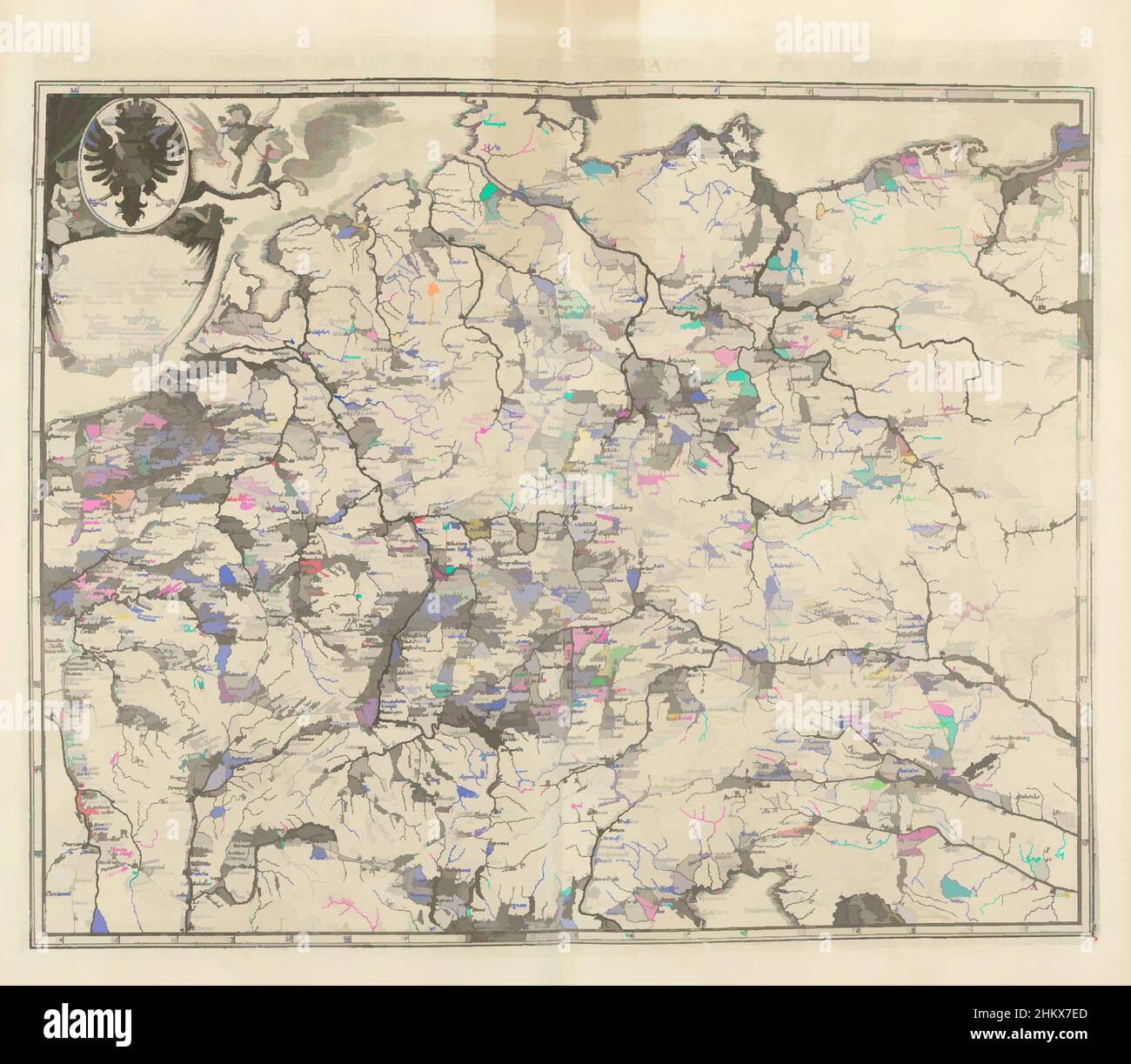 Art inspiré par la carte des routes postales à travers l'Empire allemand, 1711, Postarum seu veredariorum stationes per Germaniam et Provincias adiacentes, carte postale. Carte des routes postales à travers l'Empire allemand et les territoires limitrophes, 1711. En haut à gauche une cartouche avec le chef impérial, les œuvres classiques modernisées par Artotop avec une touche de modernité. Formes, couleur et valeur, impact visuel accrocheur sur l'art émotions par la liberté d'œuvres d'art d'une manière contemporaine. Un message intemporel qui cherche une nouvelle direction créative. Artistes qui se tournent vers le support numérique et créent le NFT Artotop Banque D'Images