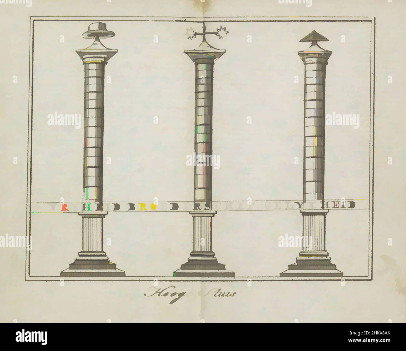 Art inspiré de la liberté, de la Fraternité et de l'égalité, décoration au Hogesluis, 1795, Hooge Sluis, trois colonnes pour la liberté, la Fraternité et l'égalité, décoration allégorique érigée au Hogesluis sur l'Amstel à Amsterdam au Festival Alliance le 19 juin 1795. Trois colonnes, œuvres classiques modernisées par Artotop avec une touche de modernité. Formes, couleur et valeur, impact visuel accrocheur sur l'art émotions par la liberté d'œuvres d'art d'une manière contemporaine. Un message intemporel qui cherche une nouvelle direction créative. Artistes qui se tournent vers le support numérique et créent le NFT Artotop Banque D'Images