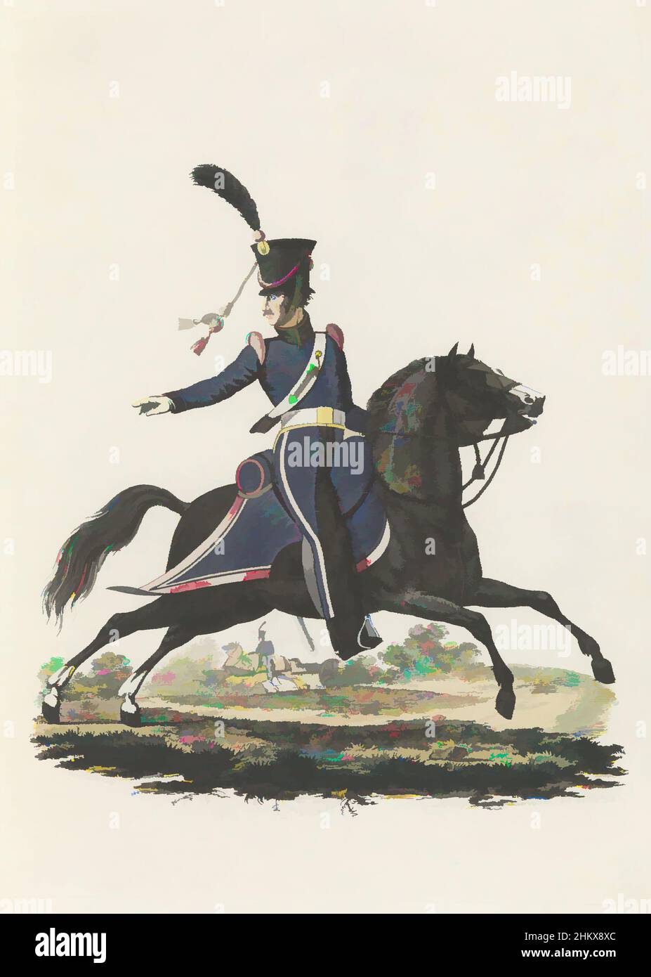 Art inspiré par Gunner, à cheval, de l'Artillerie équestre, Un tireur hollandais de l'artillerie équestre à cheval. Tôle 59. Présentation uniforme dans 'Suite de la Description comme pour les troupes néerlandaises royales' par J.F. Teupken, 1826., Imprimeur: Joannes Bemme, intermédiaire, oeuvres classiques modernisées par Artotop avec une touche de modernité. Formes, couleur et valeur, impact visuel accrocheur sur l'art émotions par la liberté d'œuvres d'art d'une manière contemporaine. Un message intemporel qui cherche une nouvelle direction créative. Artistes qui se tournent vers le support numérique et créent le NFT Artotop Banque D'Images