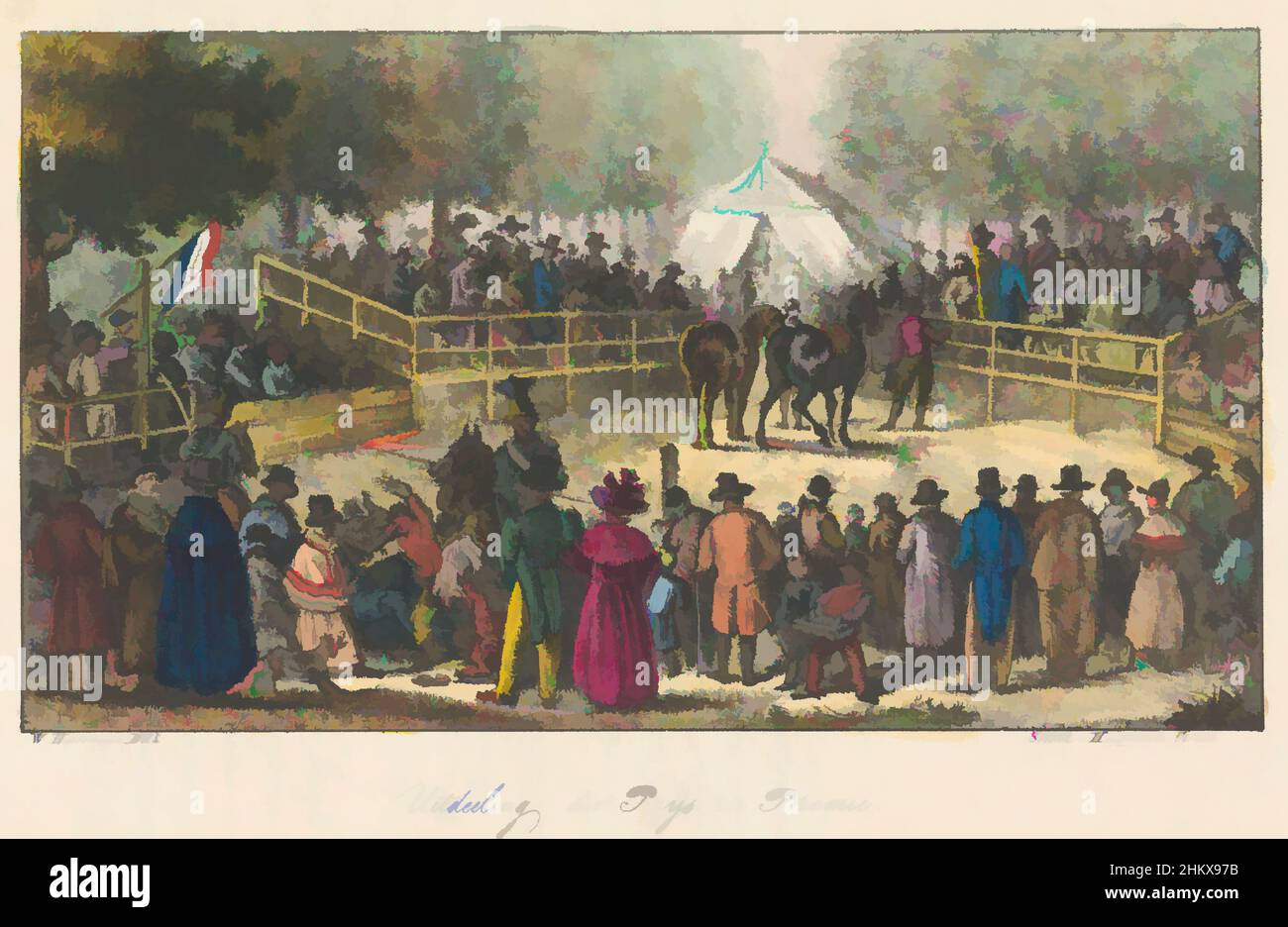 Art inspiré par la cérémonie de remise des prix, 1826-1829, distribution des prix et de la prime, cérémonie de remise des prix aux gagnants de la course, 1826-1829. Deux hommes avec des chevaux à l'intérieur d'une zone fermée, autour de laquelle la foule s'est rassemblée. Illustration au dos d'une publication sur les courses hippiques tenues sur le, les œuvres classiques modernisées par Artotop avec un peu de modernité. Formes, couleur et valeur, impact visuel accrocheur sur l'art émotions par la liberté d'œuvres d'art d'une manière contemporaine. Un message intemporel qui cherche une nouvelle direction créative. Artistes qui se tournent vers le support numérique et créent le NFT Artotop Banque D'Images