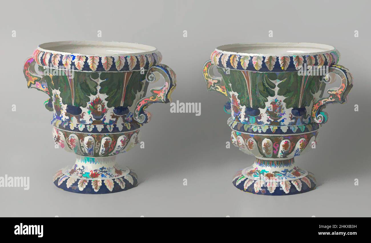 Art inspiré par une paire de vase de faïence, peint multicolore, vase de faïence. Le vase se tient sur une base basse constriée et a deux oreilles avec des volutes. Le vase est arrondi au fond et a des grunts. Sur le corps de grandes feuilles d'acanthus vert en relief, pendant, les œuvres classiques modernisées par Artotop avec un peu de modernité. Formes, couleur et valeur, impact visuel accrocheur sur l'art émotions par la liberté d'œuvres d'art d'une manière contemporaine. Un message intemporel qui cherche une nouvelle direction créative. Artistes qui se tournent vers le support numérique et créent le NFT Artotop Banque D'Images