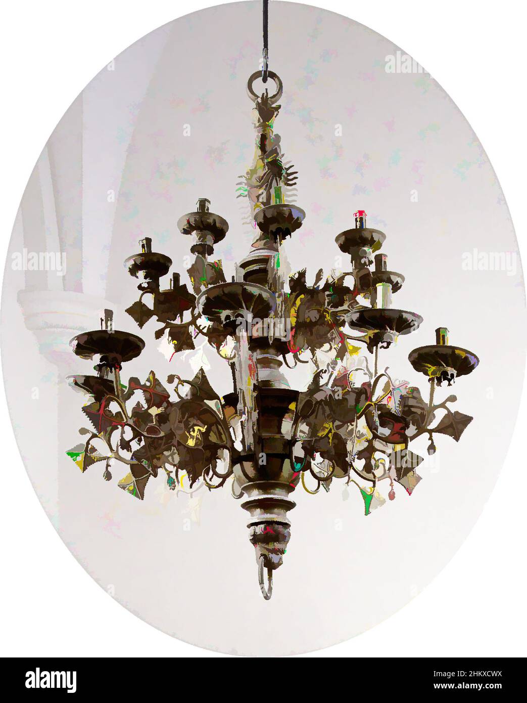 Art inspiré de la tige centrale de la couronne de bougie, l'objet se compose d'une tige en fer et d'une goupille fendue en fer et des parties moulées suivantes en cuivre jaune : L'anneau de suspension, la figure de la Vierge Marie avec la couronne rivée à sa tête et sa main gauche avec l'enfant Christ riveté à elle, oeuvres classiques modernisées par Artotop avec une touche de modernité. Formes, couleur et valeur, impact visuel accrocheur sur l'art émotions par la liberté d'œuvres d'art d'une manière contemporaine. Un message intemporel qui cherche une nouvelle direction créative. Artistes qui se tournent vers le support numérique et créent le NFT Artotop Banque D'Images