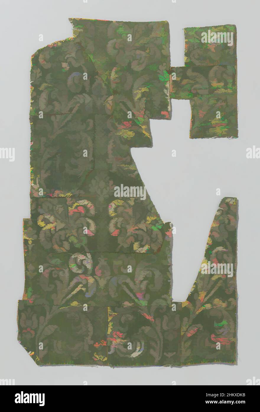Art inspiré par fragment de tissu de soie, tissu de soie composé d'une chaîne verte avec trame d'argent pour le fond et d'une chaîne verte avec trame blanche pour le motif: À carreaux et bandes horizontales florales, entre lesquelles sont des reneaux avec de grandes fleurs et des feuilles., fabricant:, Espagne, c. 1650 - c, oeuvres classiques modernisées par Artotop avec une touche de modernité. Formes, couleur et valeur, impact visuel accrocheur sur l'art émotions par la liberté d'œuvres d'art d'une manière contemporaine. Un message intemporel qui cherche une nouvelle direction créative. Artistes qui se tournent vers le support numérique et créent le NFT Artotop Banque D'Images