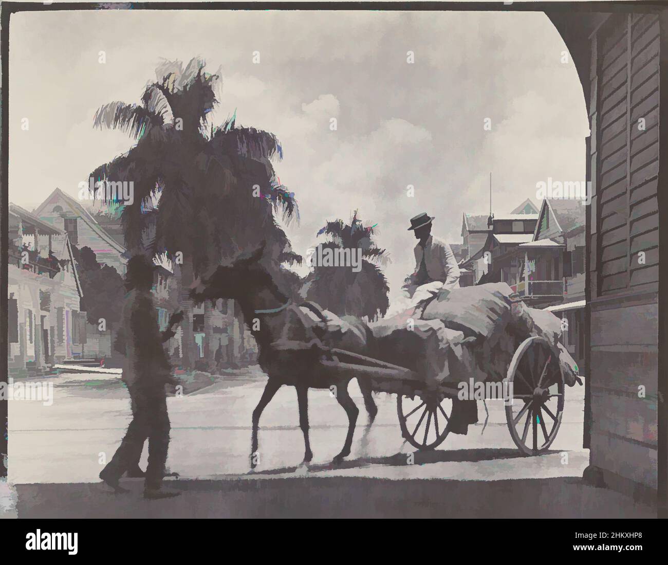 Art inspiré par Wagon au hangar du KWIM, vue d'un cheval et d'un wagon devant l'entrée du hangar du KWIM sur Jodenbreestraat à Paramaribo, octobre 1908. Partie de l'album photo de la famille Boom-Gonggrijp au Suriname et Curaçao., Andries Augustus Boom, Paramaribo, oct., oeuvres classiques modernisées par Artotop avec un peu de modernité. Formes, couleur et valeur, impact visuel accrocheur sur l'art émotions par la liberté d'œuvres d'art d'une manière contemporaine. Un message intemporel qui cherche une nouvelle direction créative. Artistes qui se tournent vers le support numérique et créent le NFT Artotop Banque D'Images