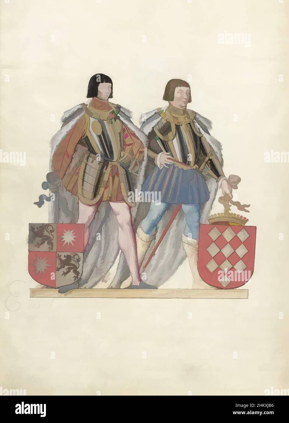 Art inspiré par Jan van Luxemburg et Antoon van Lalaing, Jan van Luxemburg et Antoon van Lalaing de Hoogstraten. Le premier et le second mari d'Elisabeth, dame de Culemborg. Les deux hommes debout côte à côte à pleine hauteur, vêtus d'armure avec des cloaks d'hermine, tenant leurs, œuvres classiques modernisées par Artotop avec un peu de modernité. Formes, couleur et valeur, impact visuel accrocheur sur l'art émotions par la liberté d'œuvres d'art d'une manière contemporaine. Un message intemporel qui cherche une nouvelle direction créative. Artistes qui se tournent vers le support numérique et créent le NFT Artotop Banque D'Images